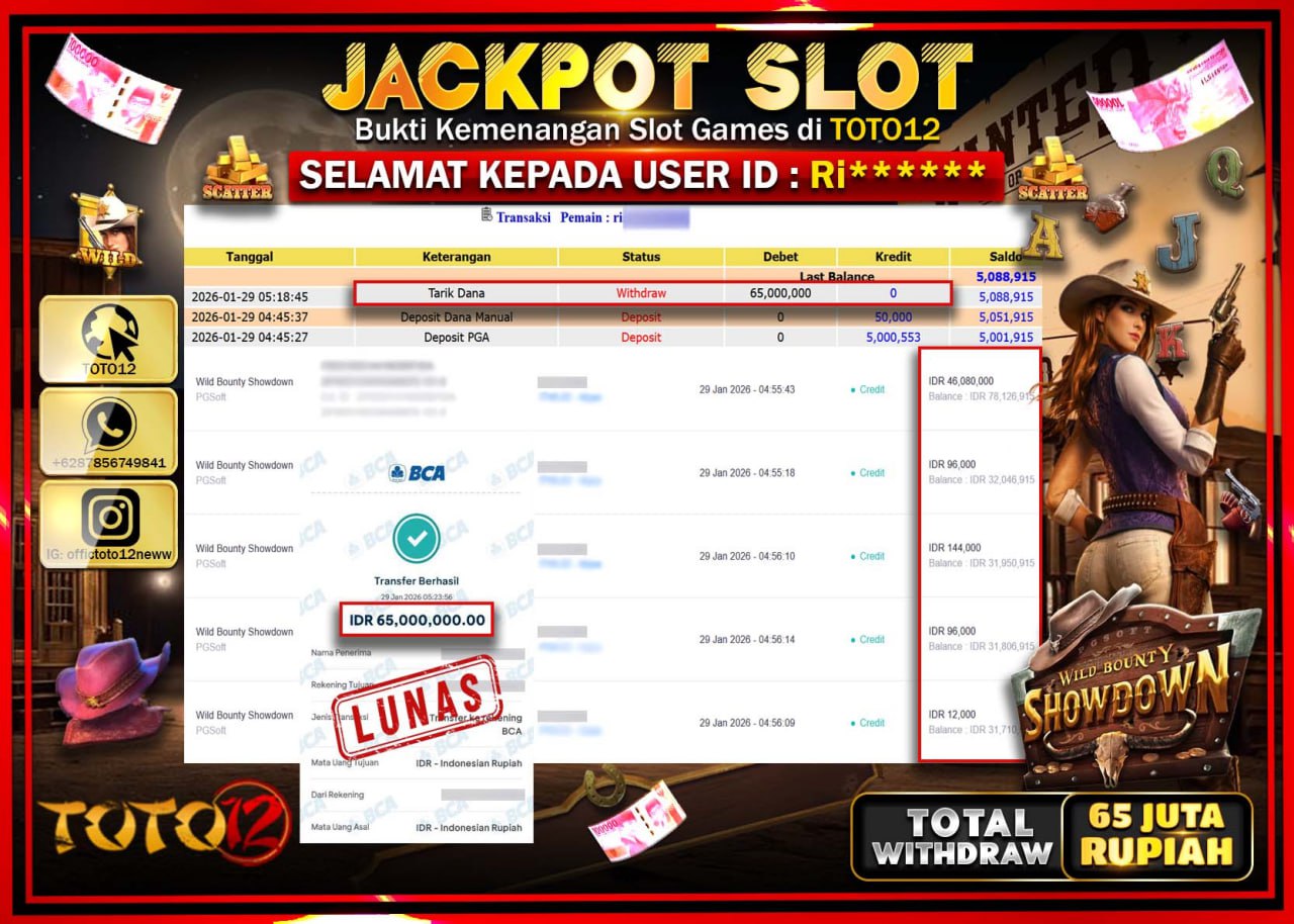 HANYA DI TOTO12 JP PASTI DI BAYAR LUNAS DAN CEPAT!!!!!! JACKPOT SLOT GAME (WILD BOUNTY SHOWDOWN) Rp.65.000.000 !!!!