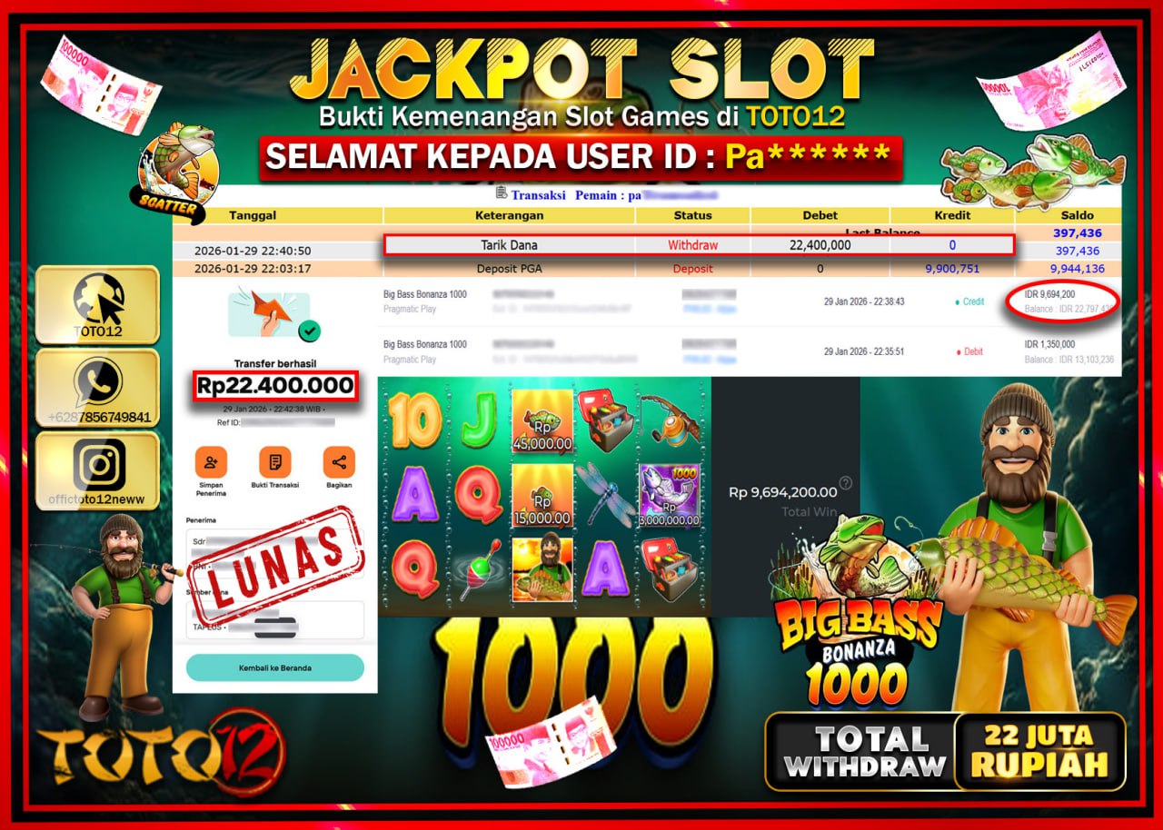 HANYA DI TOTO12 JP PASTI DI BAYAR LUNAS DAN CEPAT!!!!!! JACKPOT SLOT GAME (BIG BASS BONANZA 1000) Rp.22.400.000 !!!!