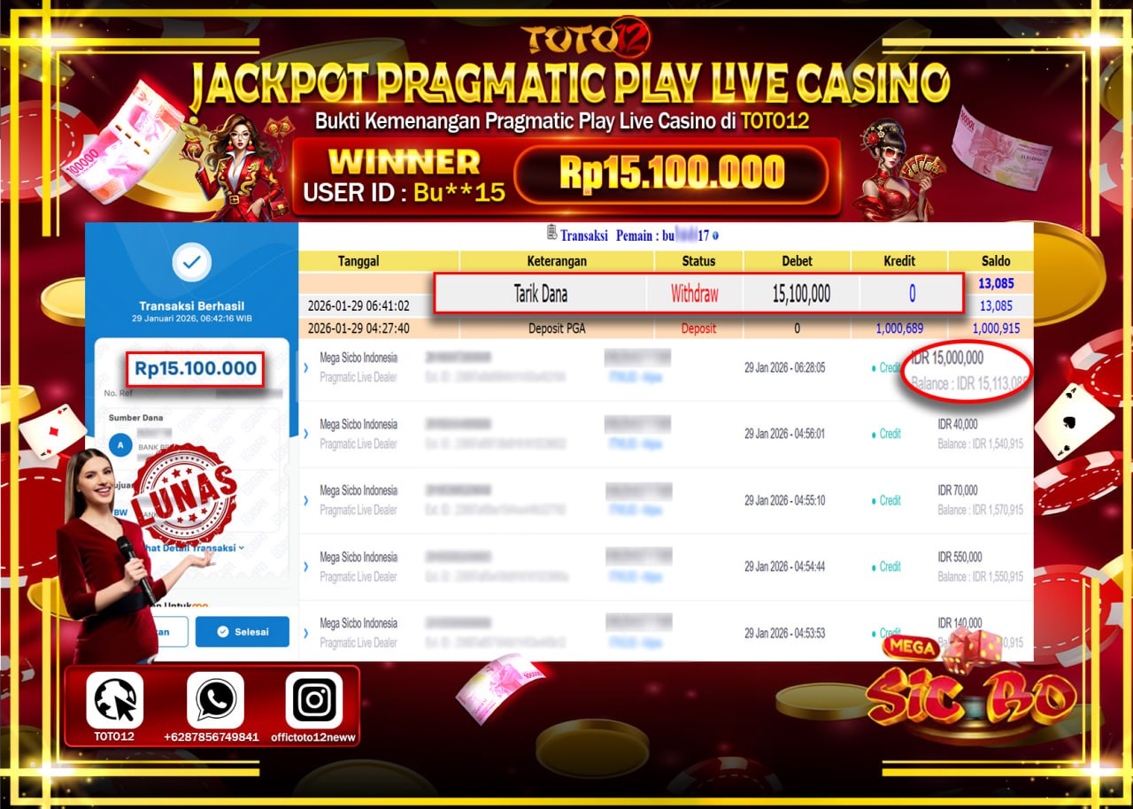 HANYA DI TOTO12 JP PASTI DI BAYAR LUNAS DAN CEPAT!!!!!! JACKPOT PRAGMATIC PLAY LIVE CASINO (MEGA SIC BO) Rp.15.100.000 !!!!