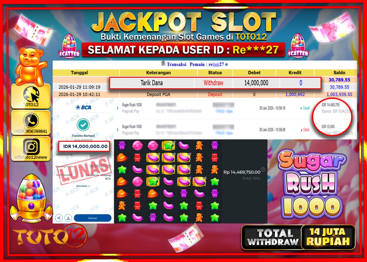 HANYA DI TOTO12 JP PASTI DI BAYAR LUNAS DAN CEPAT!!!!!! JACKPOT SLOT GAME (SUGAR RUSH 1000) Rp.14.000.000 !!!!