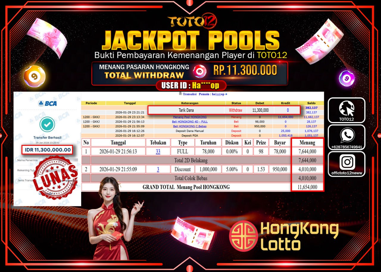 HANYA DI TOTO12 JP PASTI DI BAYAR LUNAS DAN CEPAT!!!!!! JACKPOT POOLS PASARAN (HONGKONG) Rp.11.300.000 !!!!