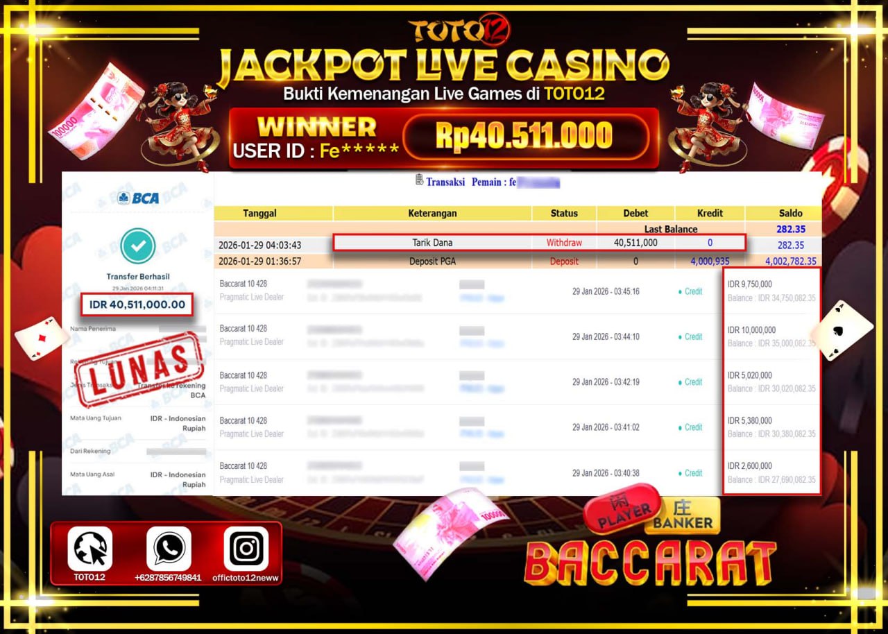 HANYA DI TOTO12 JP PASTI DI BAYAR LUNAS DAN CEPAT!!!!!! JACKPOT LIVE CASINO (BACCARAT) Rp.40.511.000 !!!!
