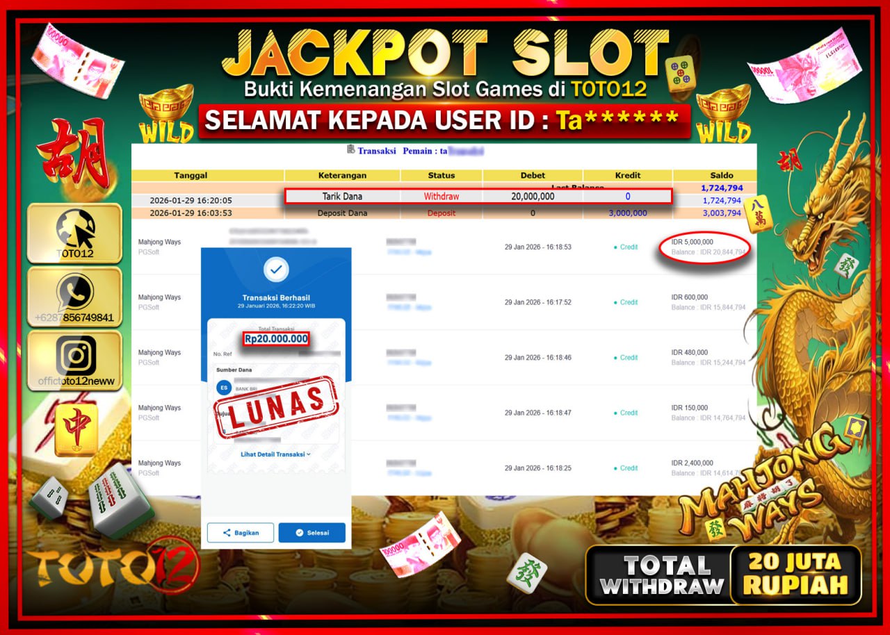HANYA DI TOTO12 JP PASTI DI BAYAR LUNAS DAN CEPAT!!!!!! JACKPOT SLOT GAME (MAHJONG WAYS) Rp.20.000.000 !!!!