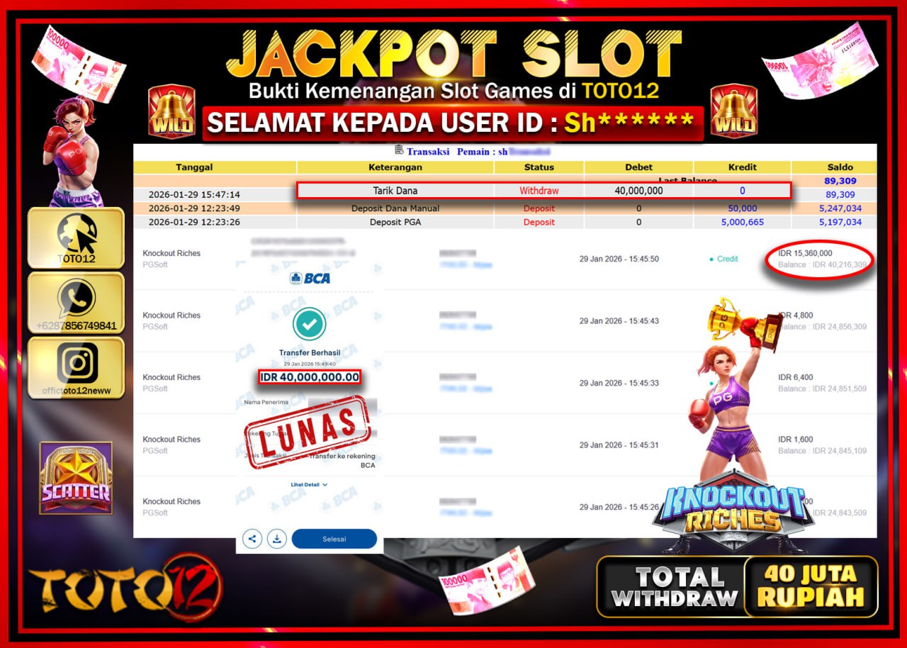 HANYA DI TOTO12 JP PASTI DI BAYAR LUNAS DAN CEPAT!!!!!! JACKPOT SLOT GAME (RNOCKOUT RINCES) Rp.40.000.000 !!!!