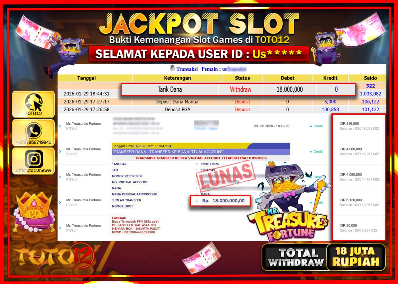 HANYA DI TOTO12 JP PASTI DI BAYAR LUNAS DAN CEPAT!!!!!! JACKPOT SLOT GAME (MR TREASURE FORTUNE) Rp.18.000.000 !!!!