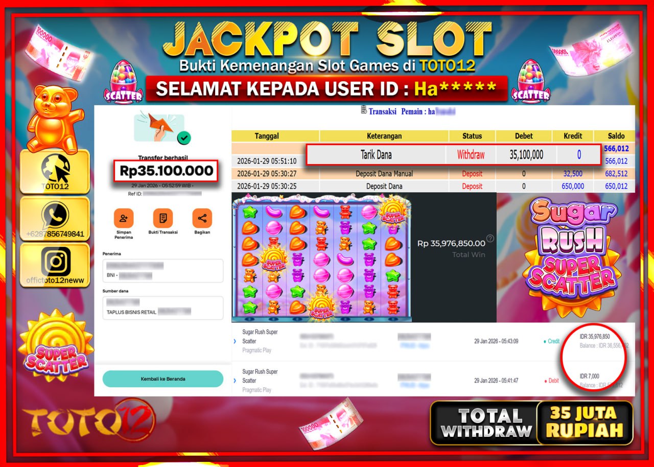 HANYA DI TOTO12 JP PASTI DI BAYAR LUNAS DAN CEPAT!!!!!! JACKPOT SLOT GAME (SUGAR RUSH SUPER SCATTER) Rp.35.100.000 !!!!