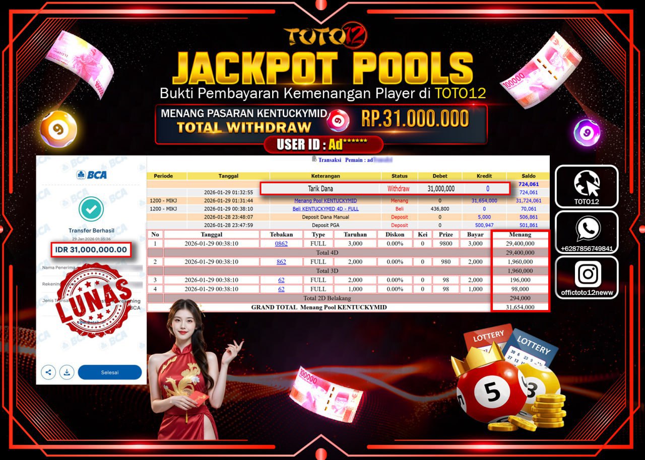 HANYA DI TOTO12 JP PASTI DI BAYAR LUNAS DAN CEPAT!!!!!! JACKPOT POOLS PASARAN (KENTUCKY MID) Rp.31.000.000 !!!!