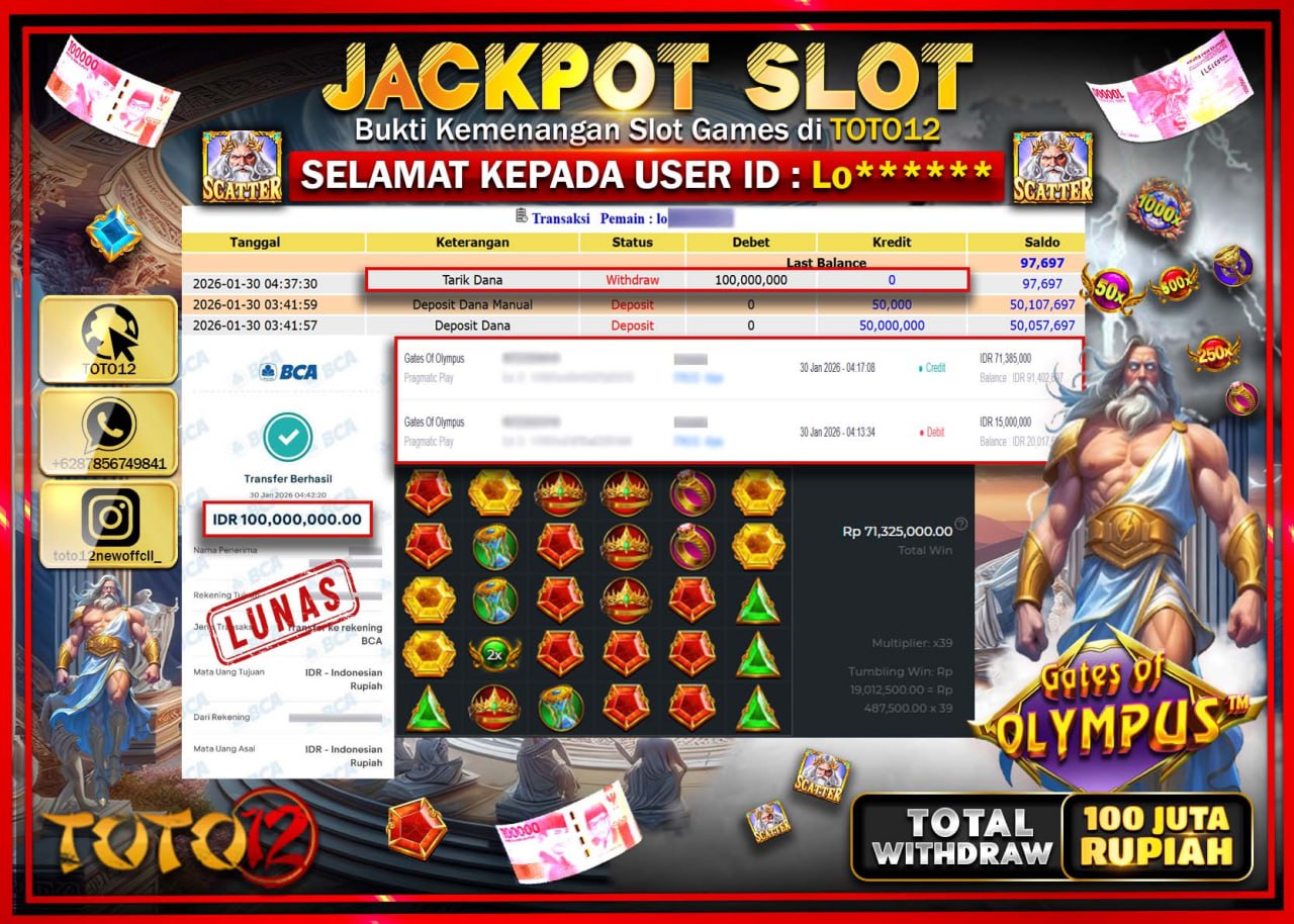 HANYA DI TOTO12 JP PASTI DI BAYAR LUNAS DAN CEPAT!!!!!! JACKPOT SLOT GAME (GATES OF OLYMPUS) Rp.100.000.000 !!!!