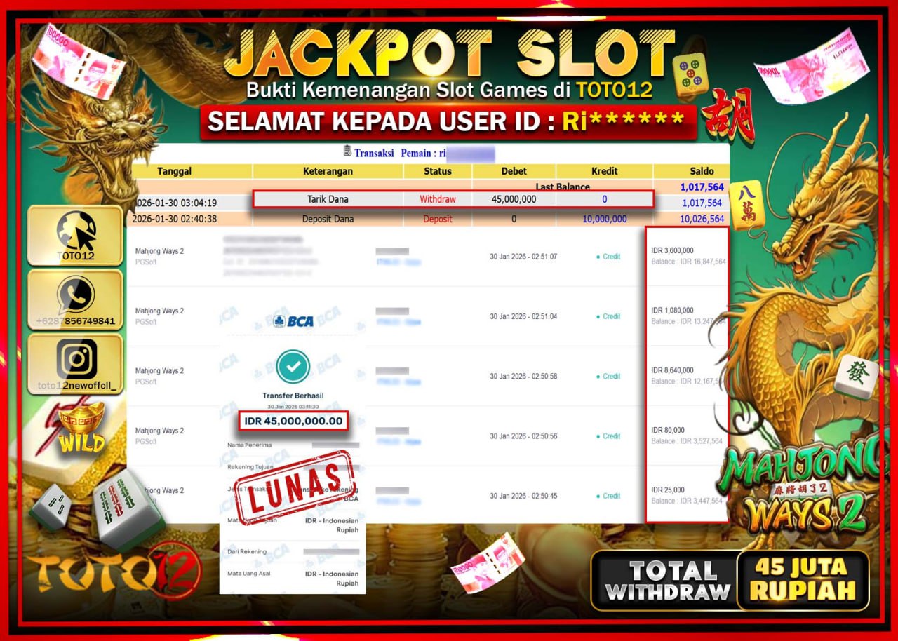 HANYA DI TOTO12 JP PASTI DI BAYAR LUNAS DAN CEPAT!!!!!! JACKPOT SLOT GAME (MAHJONG WAYS 2) Rp.45.000.000 !!!!
