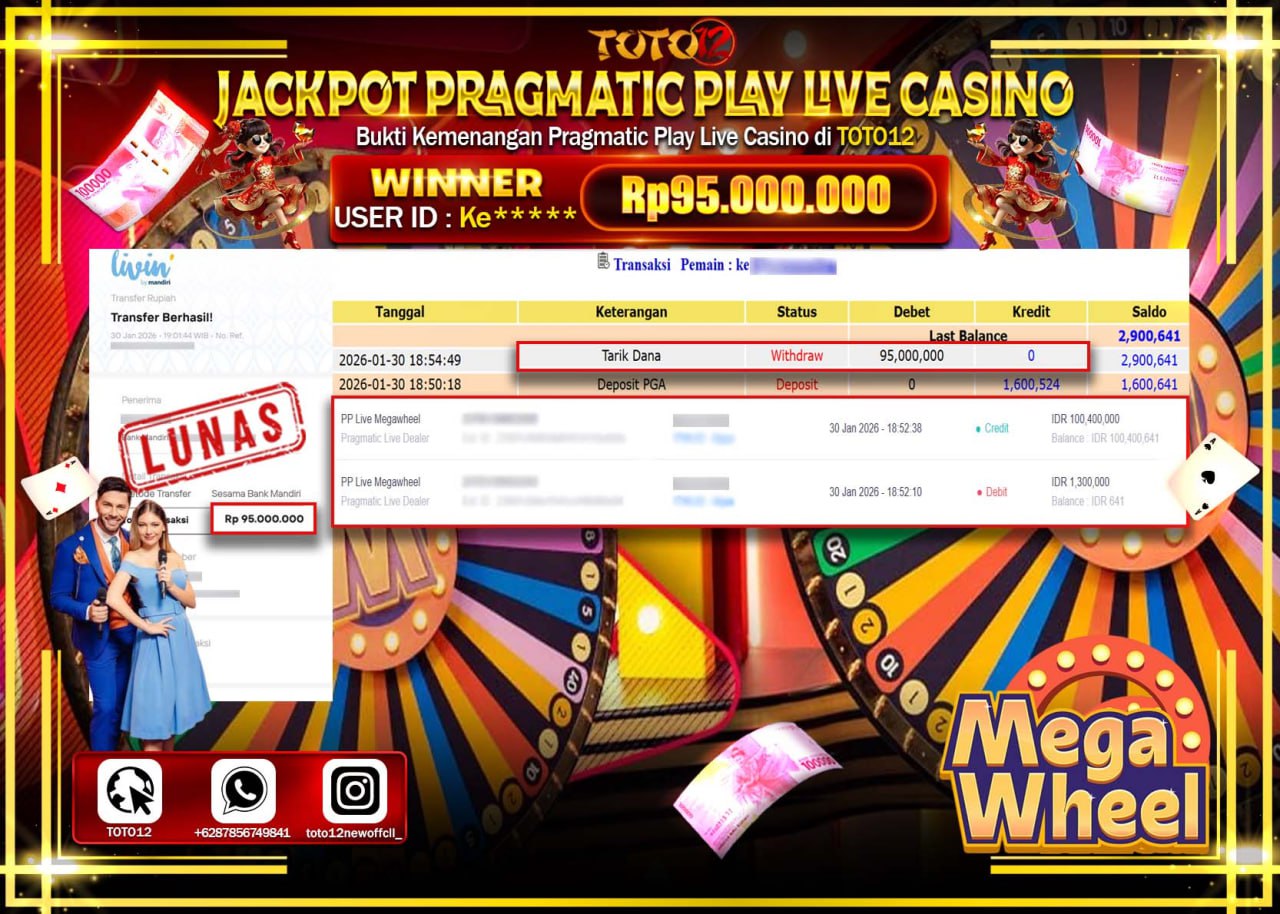 HANYA DI TOTO12 JP PASTI DI BAYAR LUNAS DAN CEPAT!!!!!! JACKPOT PRAGMATIC PLAY LIVE CASINO (MEGA WHEEL) Rp.95.000.000 !!!!