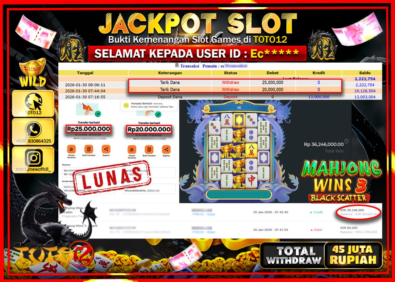 HANYA DI TOTO12 JP PASTI DI BAYAR LUNAS DAN CEPAT!!!!!! JACKPOT SLOT GAME (MAHJONG WINS 3 BLACK SCATTER) Rp.45.000.000 !!!!