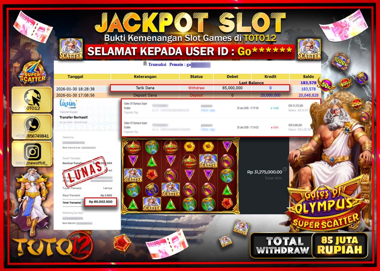 HANYA DI TOTO12 JP PASTI DI BAYAR LUNAS DAN CEPAT!!!!!! JACKPOT SLOT GAME (GATES OF OLYMPUS SUPER SCATTER) Rp.85.000.000 !!!!
