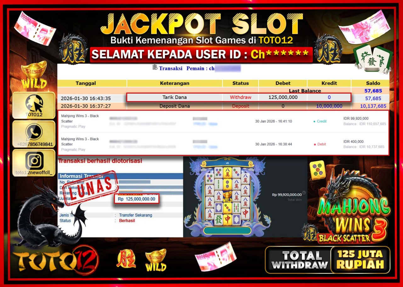 HANYA DI TOTO12 JP PASTI DI BAYAR LUNAS DAN CEPAT!!!!!! JACKPOT SLOT GAME (MAHJONG WINS 3 BLACK SCATTER) Rp.125.000.000 !!!!