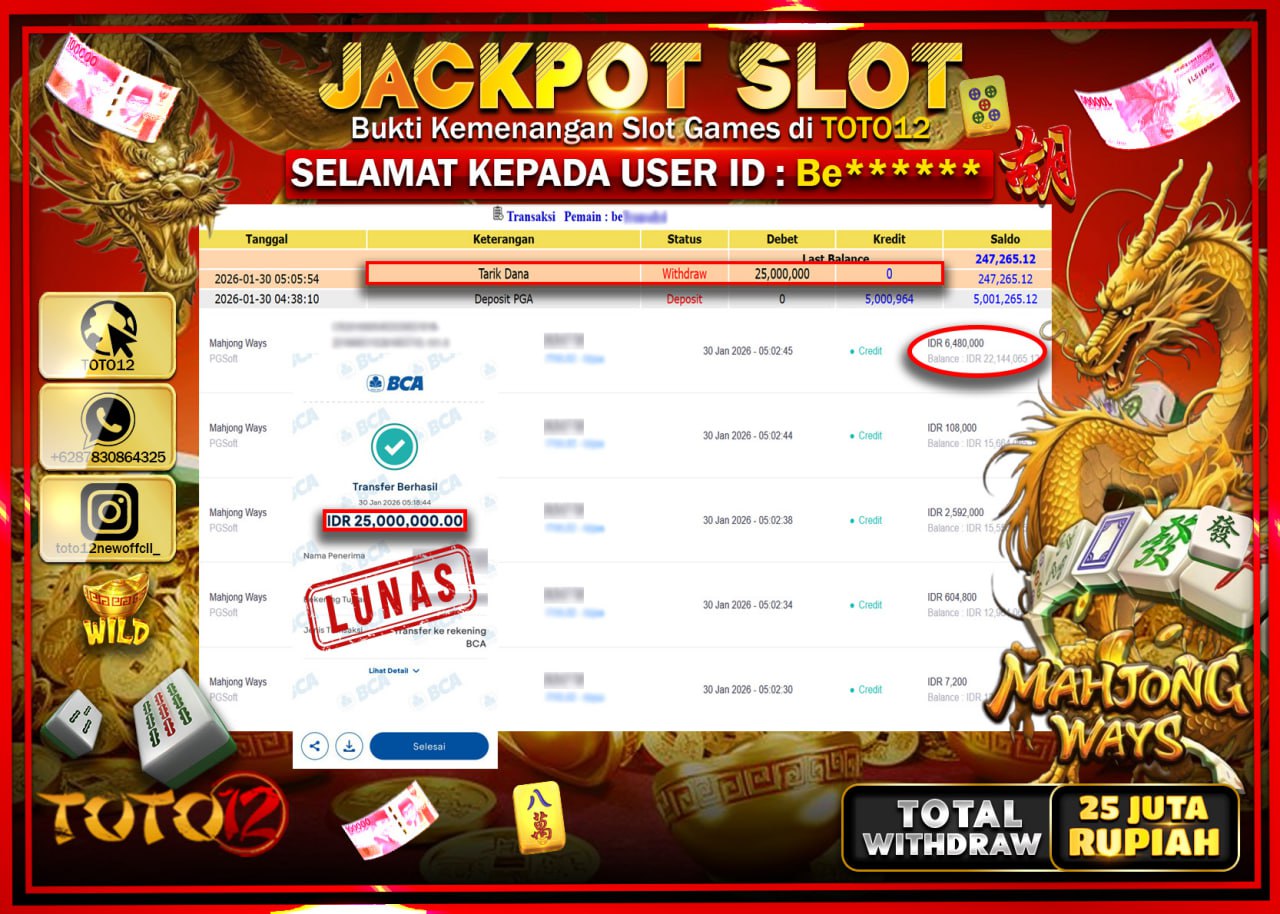 HANYA DI TOTO12 JP PASTI DI BAYAR LUNAS DAN CEPAT!!!!!! JACKPOT SLOT GAME (MAHJONG WAYS) Rp.25.000.000 !!!!