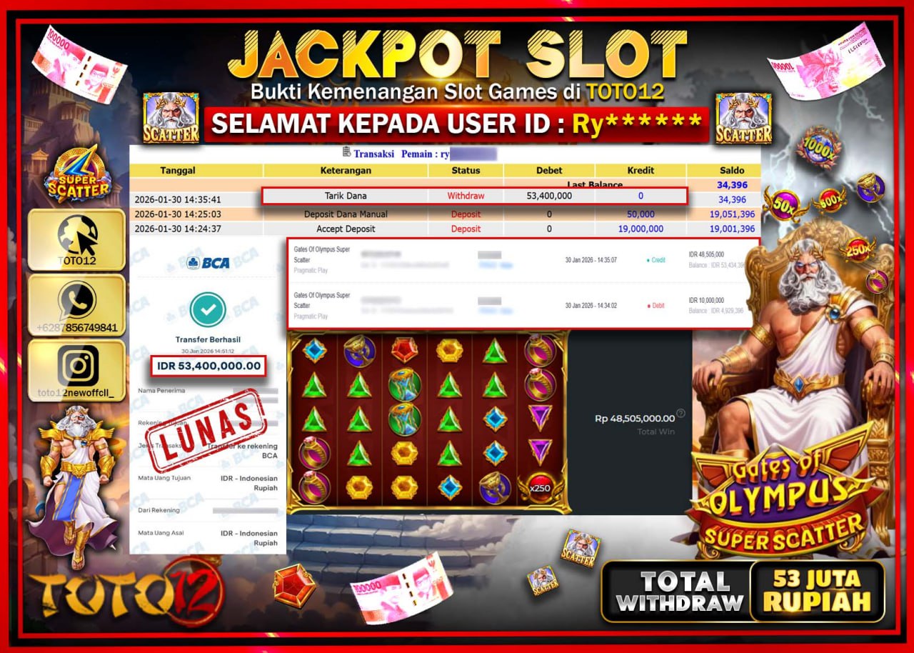 HANYA DI TOTO12 JP PASTI DI BAYAR LUNAS DAN CEPAT!!!!!! JACKPOT SLOT GAME (GATES OF OLYMPUS SUPER SCATTER) Rp.53.400.000 !!!!