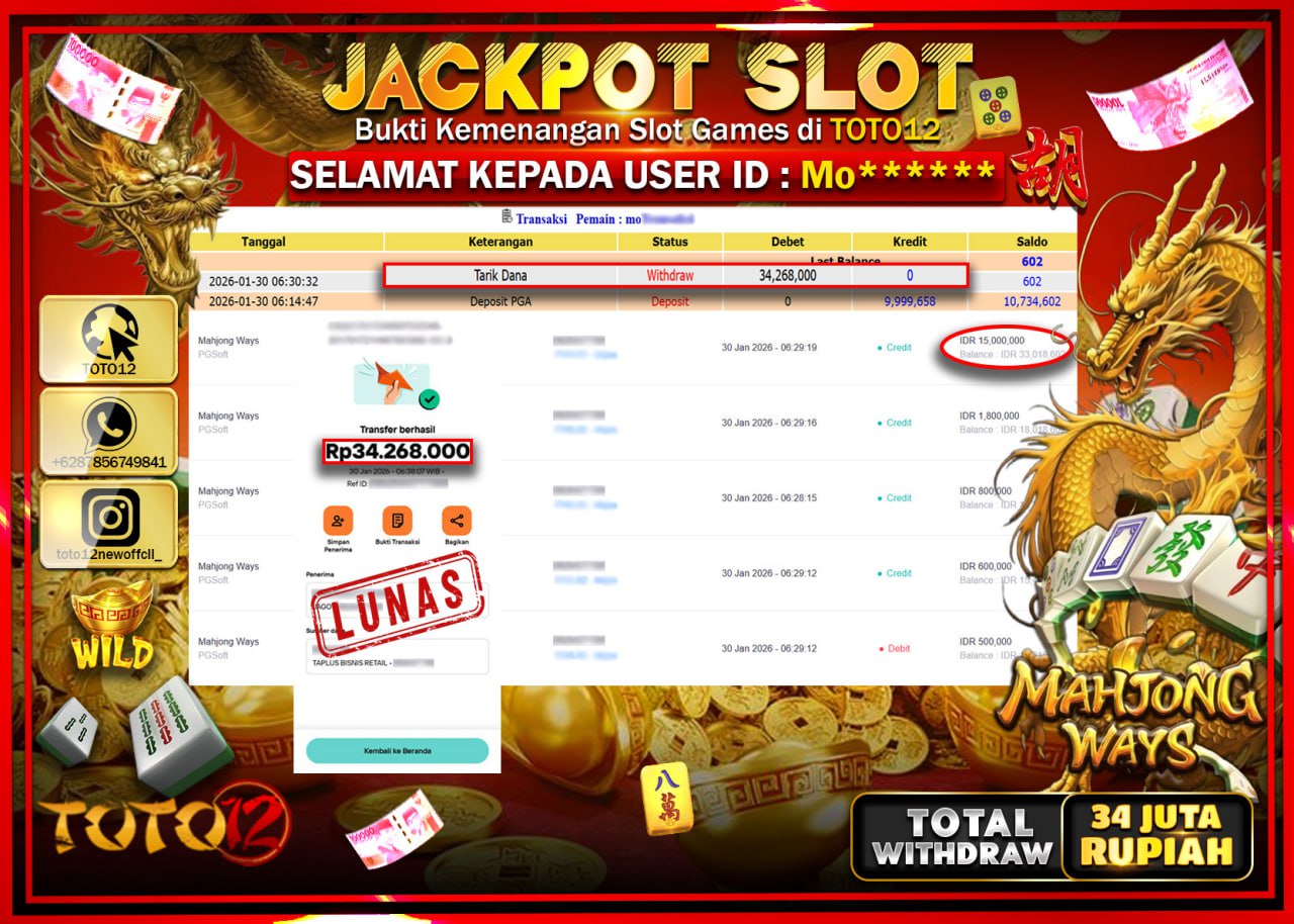 HANYA DI TOTO12 JP PASTI DI BAYAR LUNAS DAN CEPAT!!!!!! JACKPOT SLOT GAME (MAHJONG WAYS) Rp.34.268.000 !!!!