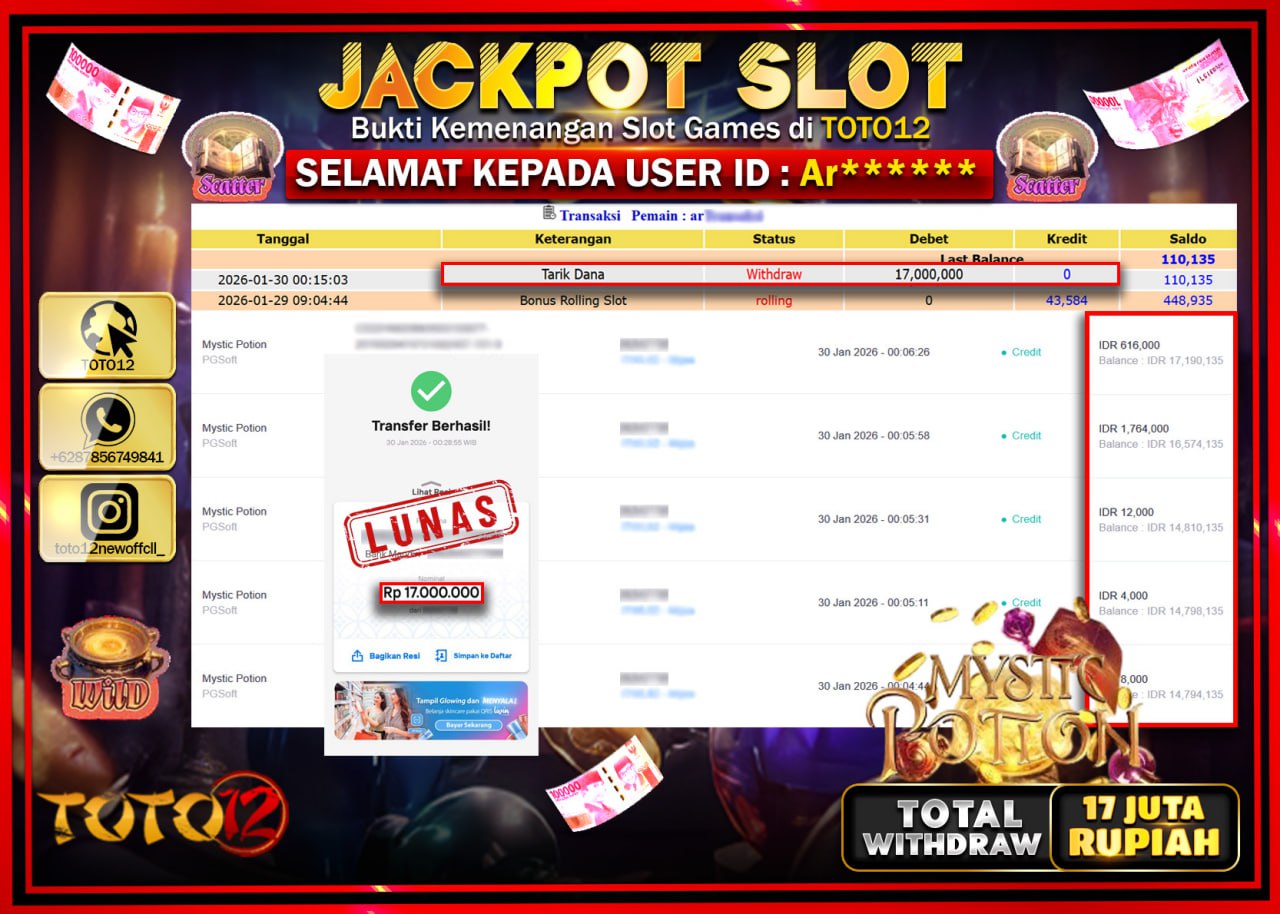 HANYA DI TOTO12 JP PASTI DI BAYAR LUNAS DAN CEPAT!!!!!! JACKPOT SLOT GAME (MYSTIC POTION) Rp.17.000.000 !!!!
