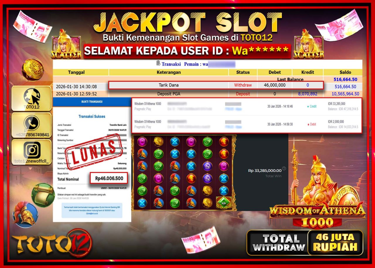 HANYA DI TOTO12 JP PASTI DI BAYAR LUNAS DAN CEPAT!!!!!! JACKPOT SLOT GAME (WISDOM OF ATHENA 1000) Rp.46.000.000 !!!!