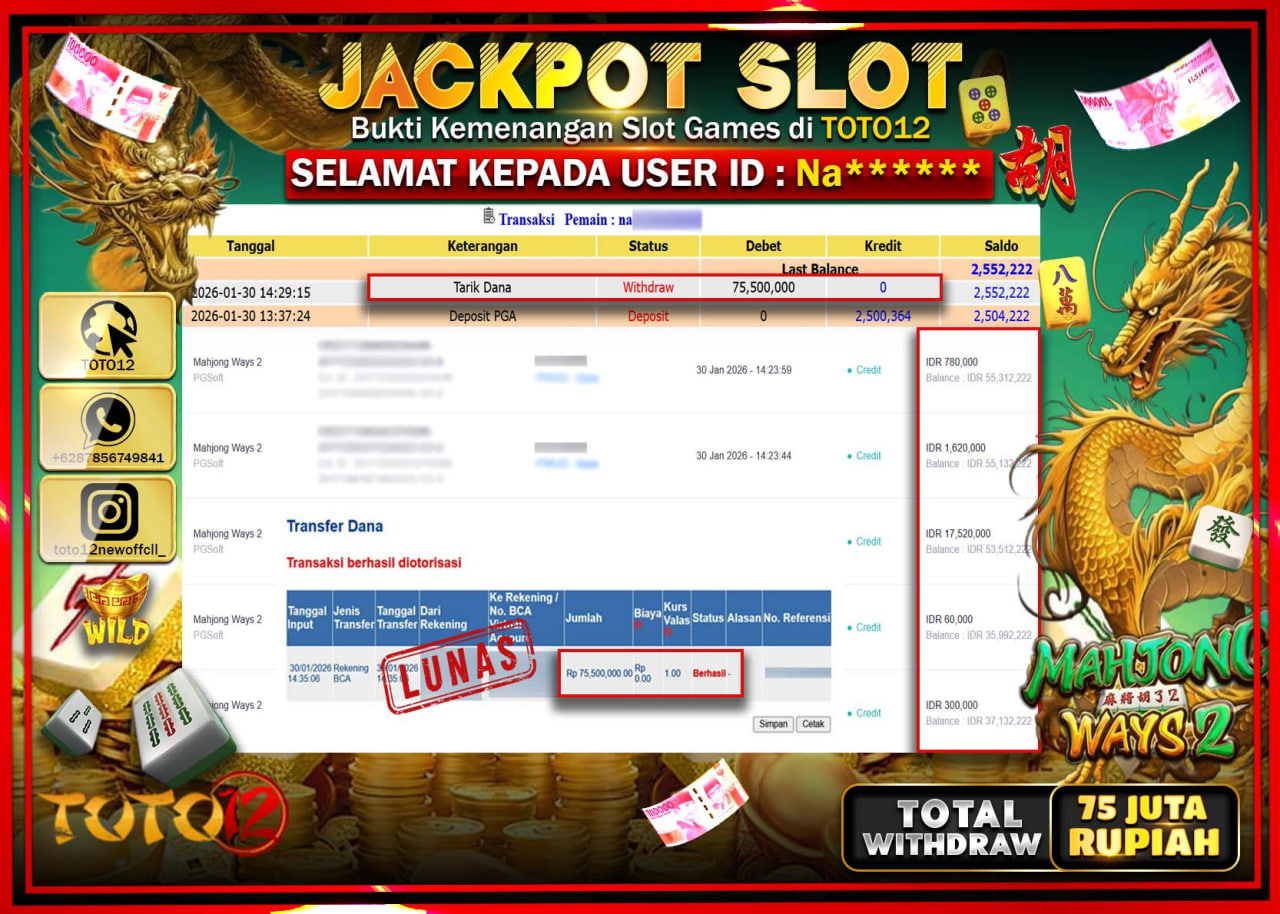 HANYA DI TOTO12 JP PASTI DI BAYAR LUNAS DAN CEPAT!!!!!! JACKPOT SLOT GAME (MAHJONG WAYS 2) Rp.75.500.000 !!!!