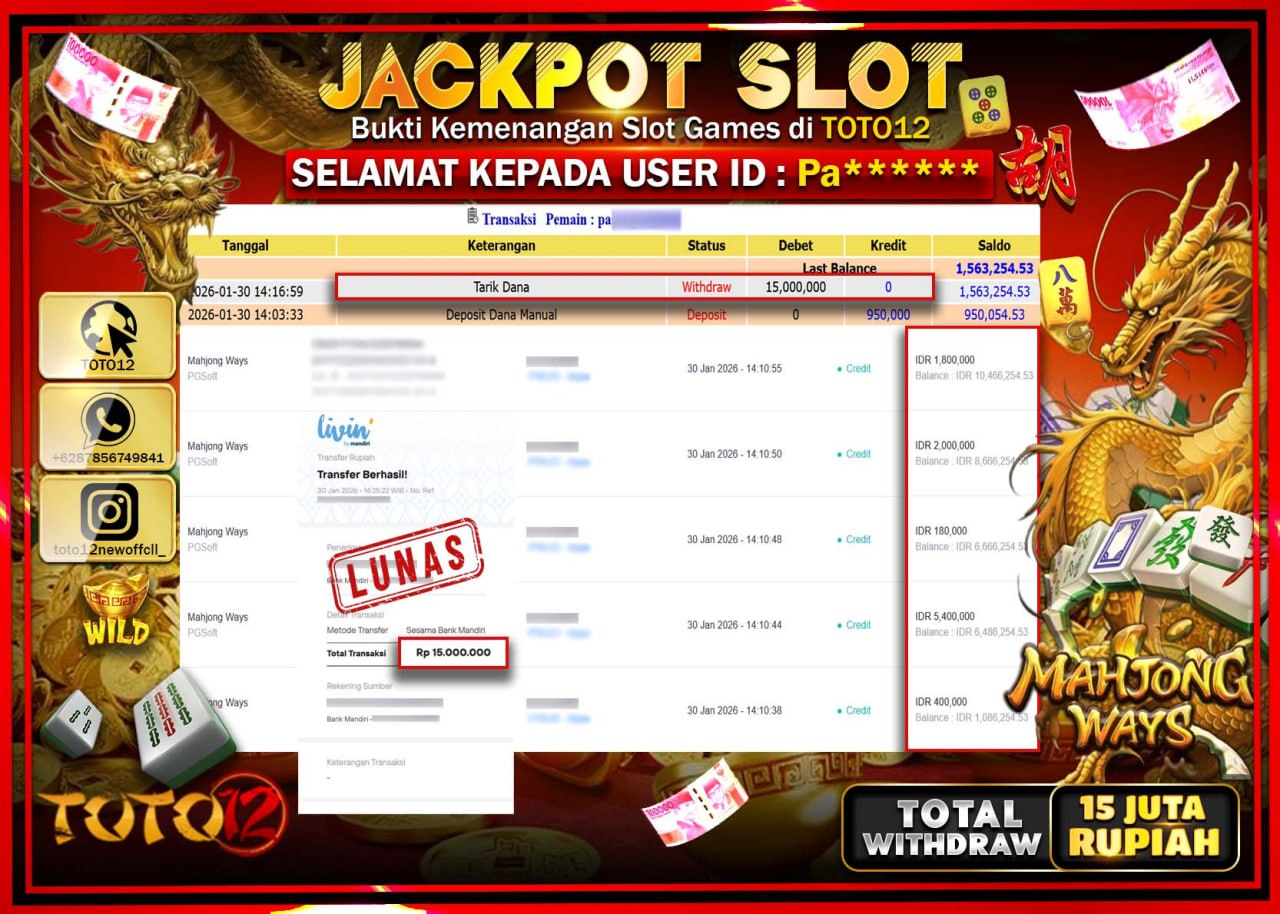 HANYA DI TOTO12 JP PASTI DI BAYAR LUNAS DAN CEPAT!!!!!! JACKPOT SLOT GAME (MAHJONG WAYS) Rp.15.000.000 !!!!
