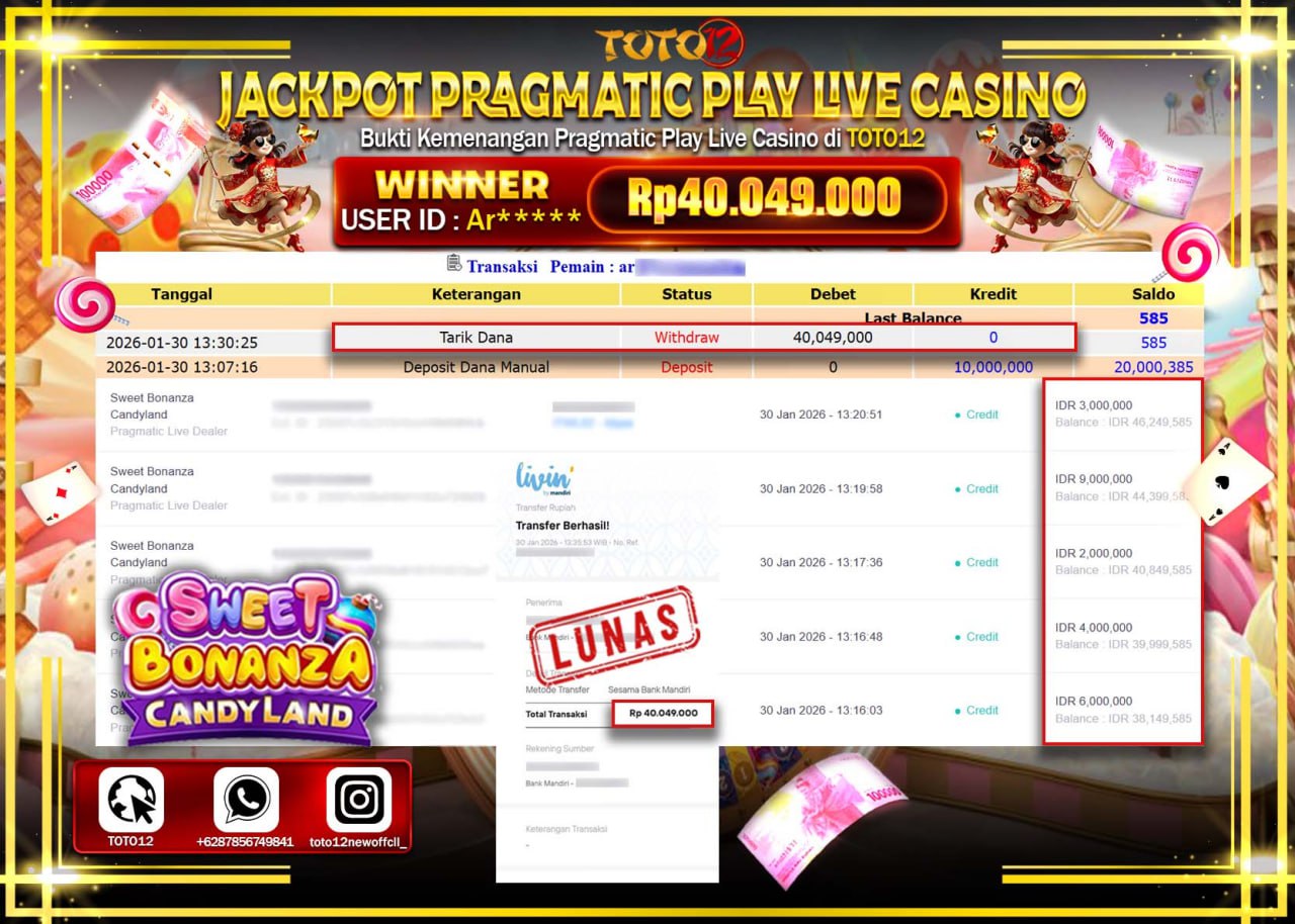 HANYA DI TOTO12 JP PASTI DI BAYAR LUNAS DAN CEPAT!!!!!! JACKPOT PRAGMATIC PLAY LIVE CASINO (SWEET BONANZA CANDY LAND) Rp.40.049.000 !!!!