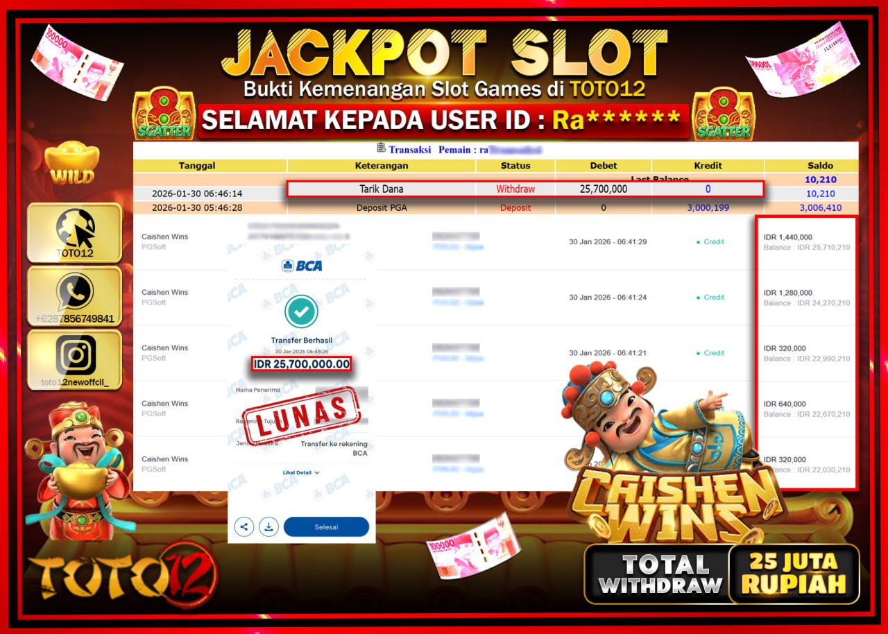 HANYA DI TOTO12 JP PASTI DI BAYAR LUNAS DAN CEPAT!!!!!! JACKPOT SLOT GAME (CAISHEN WINS) Rp.25.700.000 !!!!