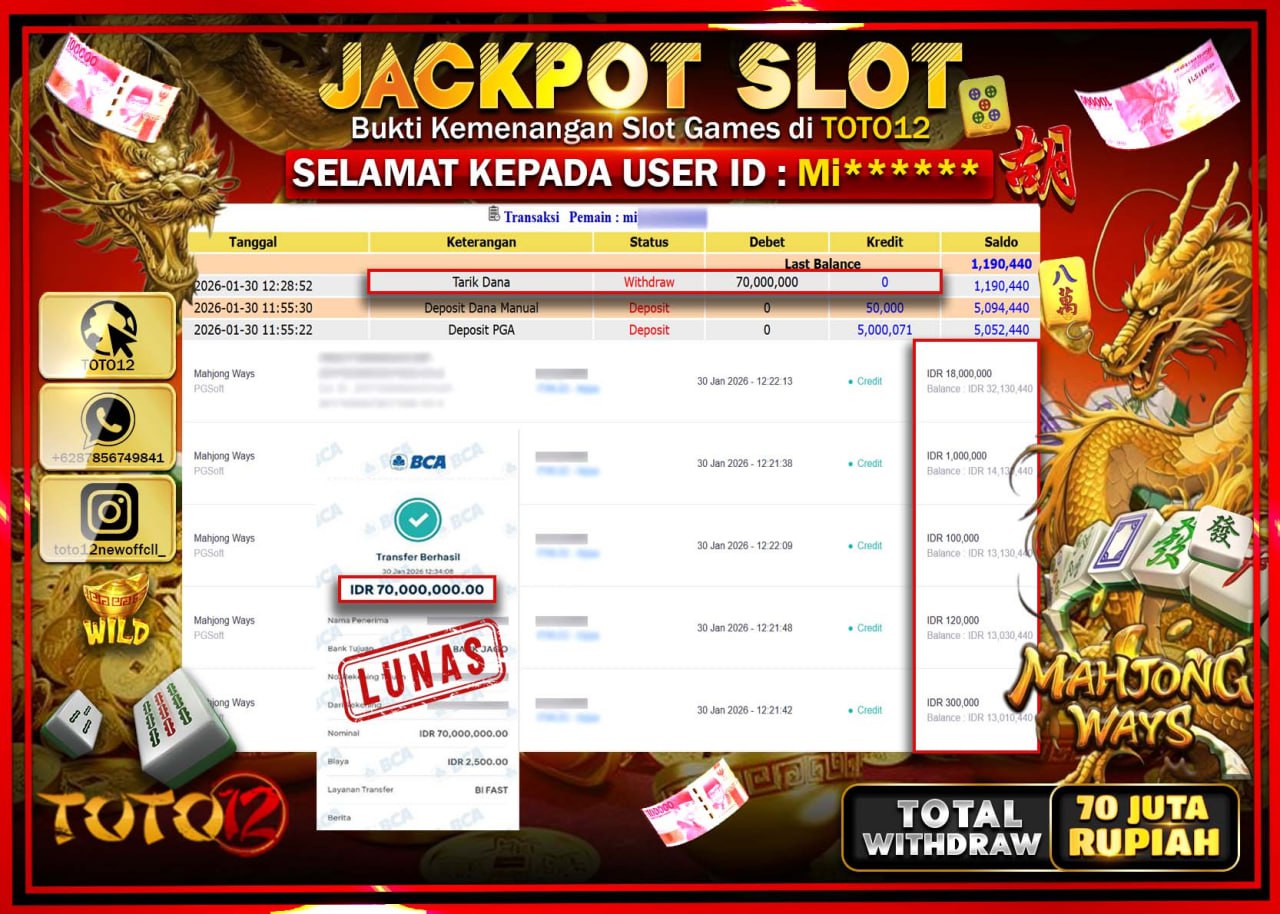HANYA DI TOTO12 JP PASTI DI BAYAR LUNAS DAN CEPAT!!!!!! JACKPOT SLOT GAME (MAHJONG WAYS) Rp.70.000.000 !!!!