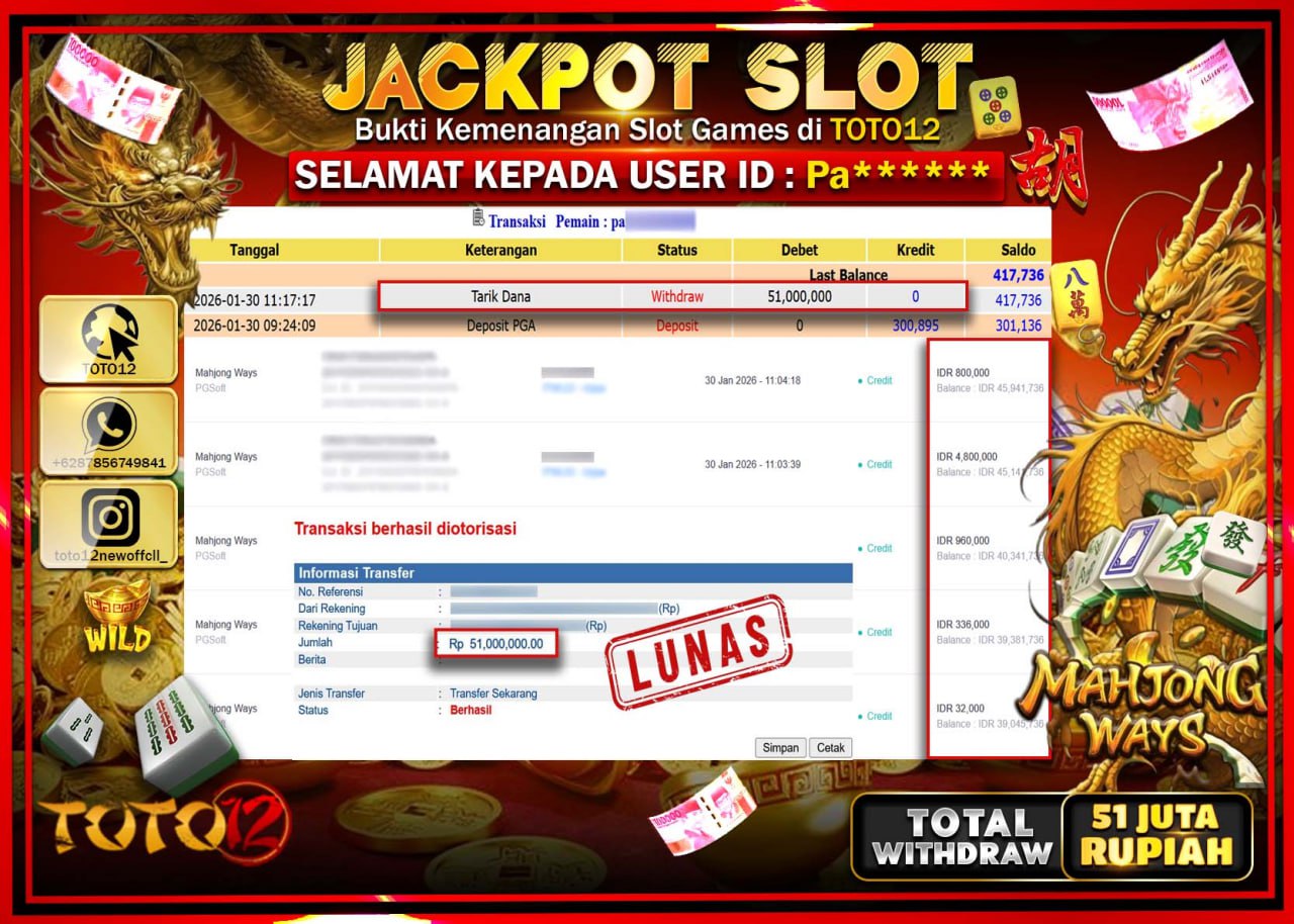 HANYA DI TOTO12 JP PASTI DI BAYAR LUNAS DAN CEPAT!!!!!! JACKPOT SLOT GAME (MAHJONG WAYS) Rp.51.000.000 !!!!
