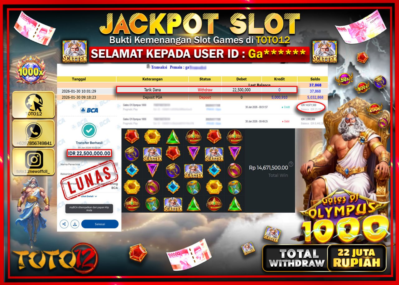 HANYA DI TOTO12 JP PASTI DI BAYAR LUNAS DAN CEPAT!!!!!! JACKPOT SLOT GAME (GATES OF OLYMPUS 1000) Rp.22.500.000 !!!!