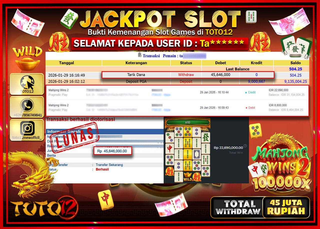 HANYA DI TOTO12 JP PASTI DI BAYAR LUNAS DAN CEPAT!!!!!! JACKPOT SLOT GAME (MAHJONG WINS 2) Rp.45.646.000 !!!!