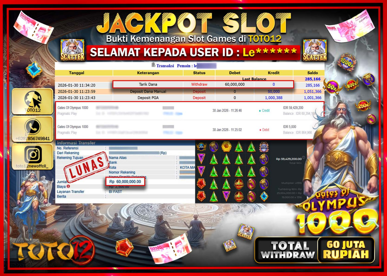 HANYA DI TOTO12 JP PASTI DI BAYAR LUNAS DAN CEPAT!!!!!! JACKPOT SLOT GAME (GATES OF OLYMPUS 1000) Rp.60.000.000 !!!!