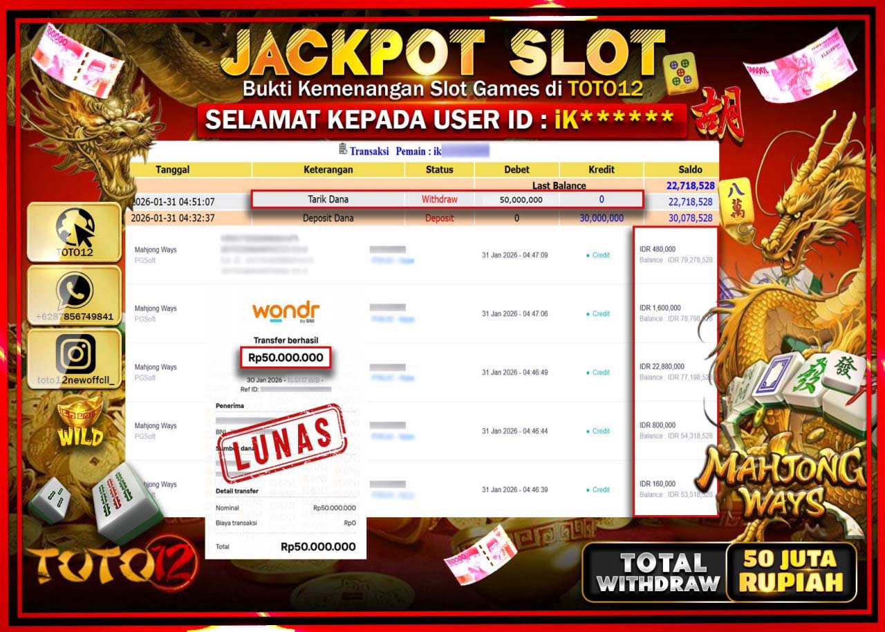 HANYA DI TOTO12 JP PASTI DI BAYAR LUNAS DAN CEPAT!!!!!! JACKPOT SLOT GAME (MAHJONG WAYS) Rp.50.000.000 !!!!
