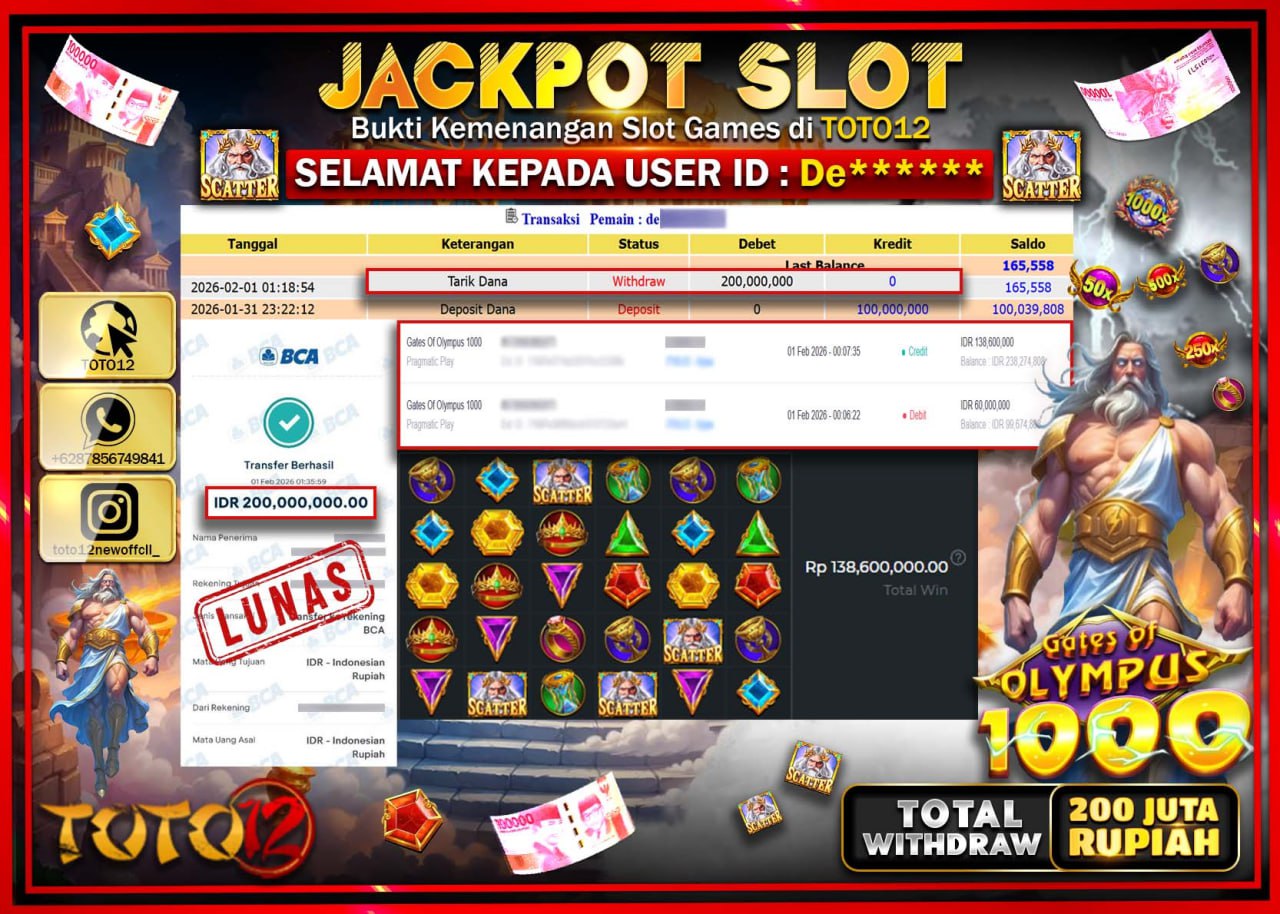 HANYA DI TOTO12 JP PASTI DI BAYAR LUNAS DAN CEPAT!!!!!! JACKPOT SLOT GAME (GATES OF OLYMPUS 1000) Rp.200.000.000 !!!!
