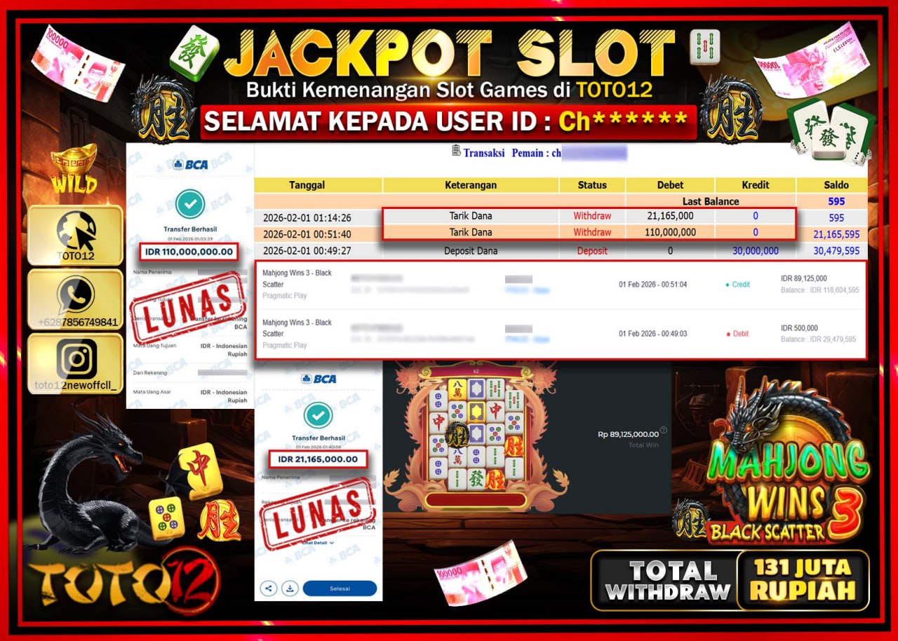 HANYA DI TOTO12 JP PASTI DI BAYAR LUNAS DAN CEPAT!!!!!! JACKPOT SLOT GAME (MAHJONG WINS 3 BLACK SCATTER) Rp.131.165.000 !!!!