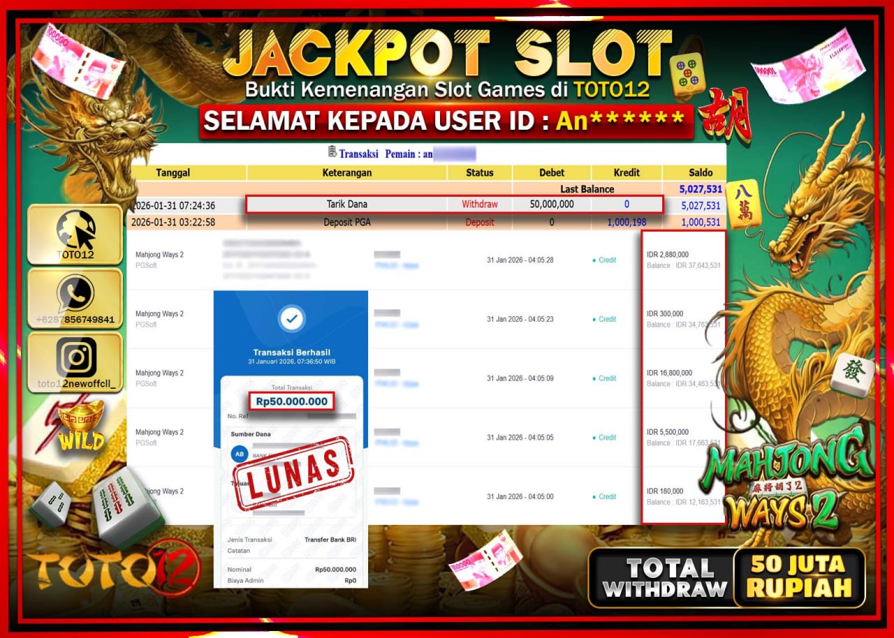 HANYA DI TOTO12 JP PASTI DI BAYAR LUNAS DAN CEPAT!!!!!! JACKPOT SLOT GAME (MAHJONG WAYS 2) Rp.50.000.000 !!!!