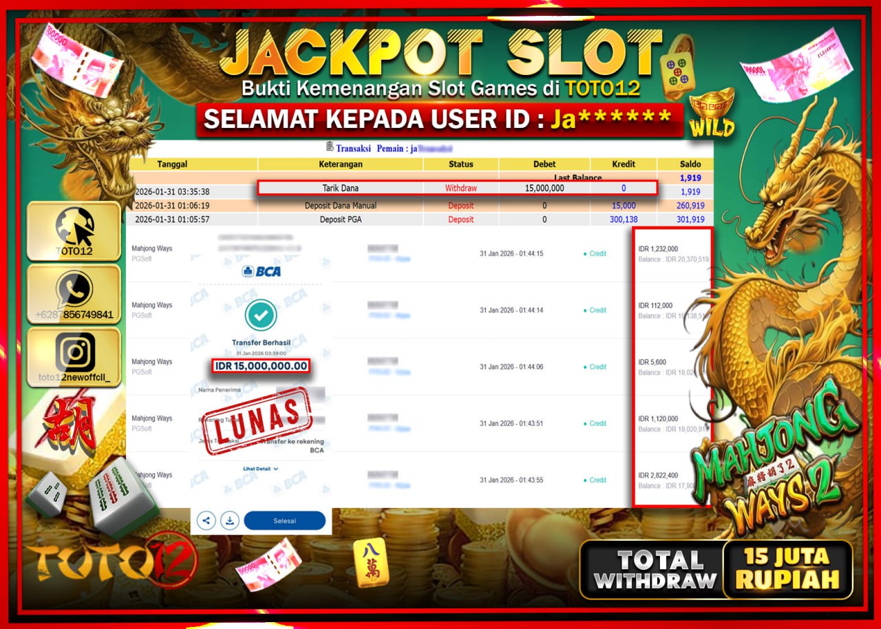HANYA DI TOTO12 JP PASTI DI BAYAR LUNAS DAN CEPAT!!!!!! JACKPOT SLOT GAME (MAHJONG WAYS 2) Rp.15.000.000 !!!!