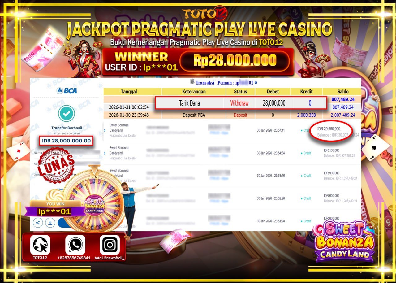 HANYA DI TOTO12 JP PASTI DI BAYAR LUNAS DAN CEPAT!!!!!! JACKPOT PRAGMATIC PLAY LIVE CASINO (SWEET BONANZA CANDY LAND) Rp.28.000.000 !!!!