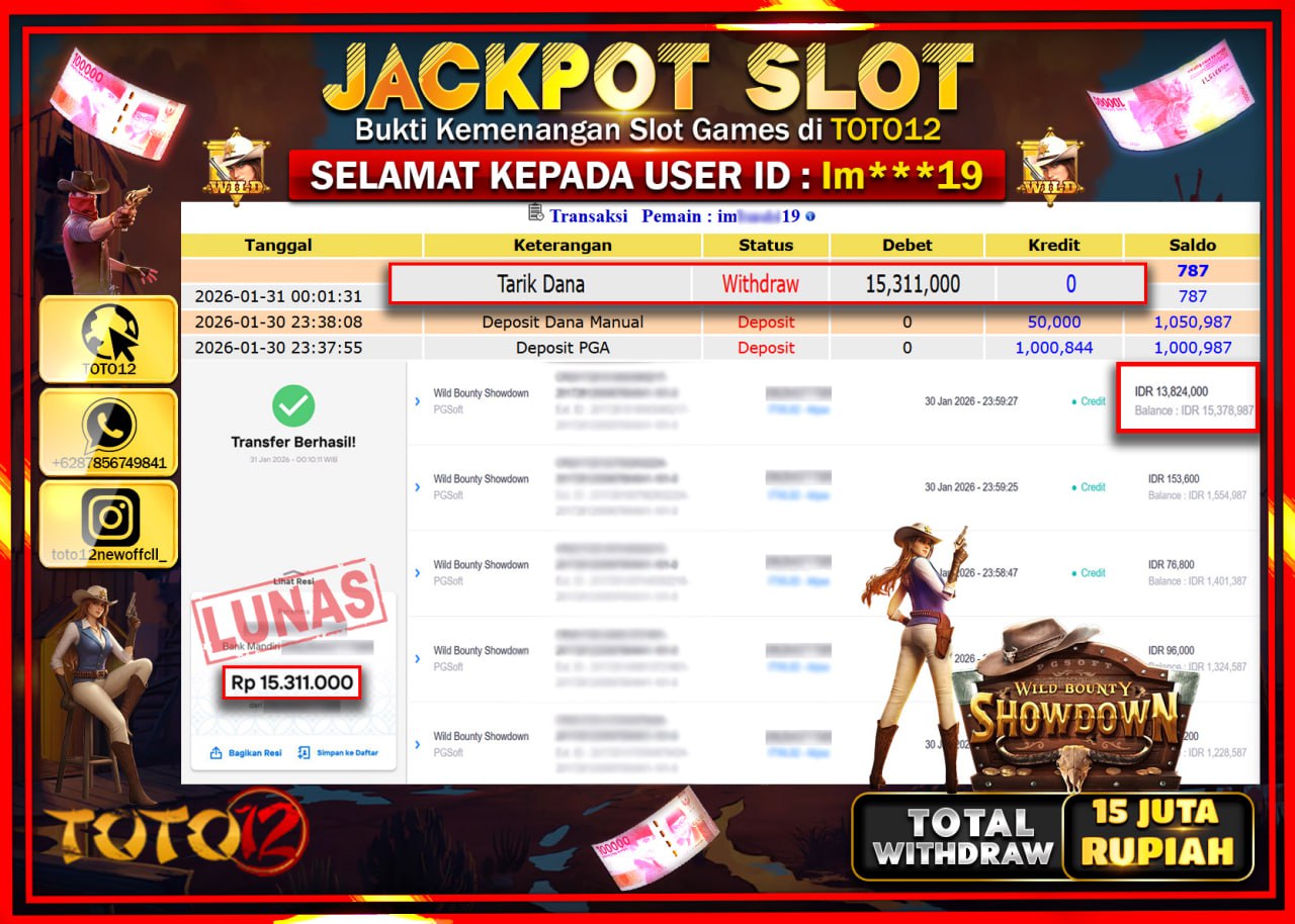 HANYA DI TOTO12 JP PASTI DI BAYAR LUNAS DAN CEPAT!!!!!! JACKPOT SLOT GAME (WILD BOUNTY SHOWDOWN) Rp.15.311.000 !!!!