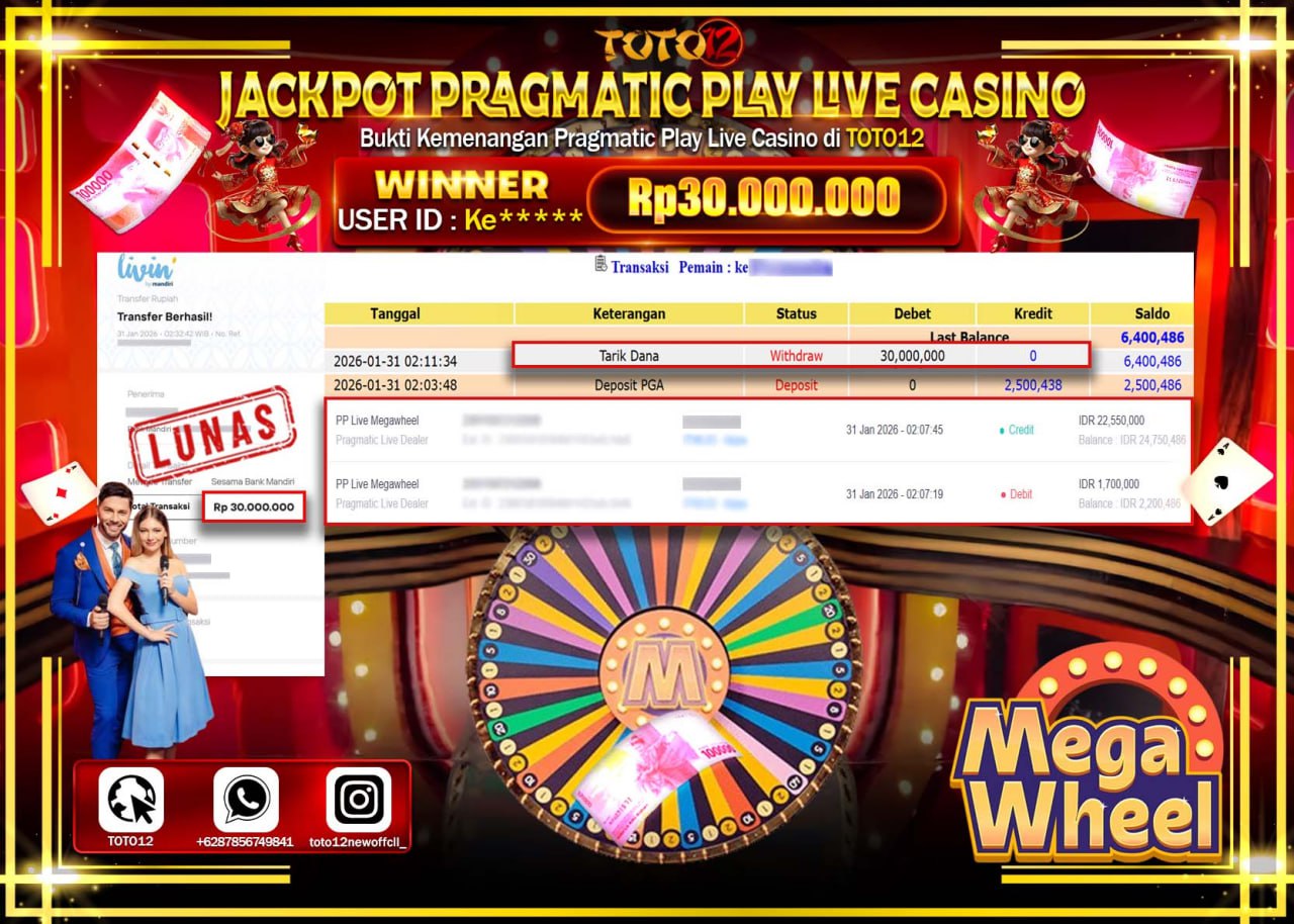 HANYA DI TOTO12 JP PASTI DI BAYAR LUNAS DAN CEPAT!!!!!! JACKPOT PRAGMATIC PLAY LIVE CASINO (MEGA WHEEL) Rp.30.000.000 !!!!