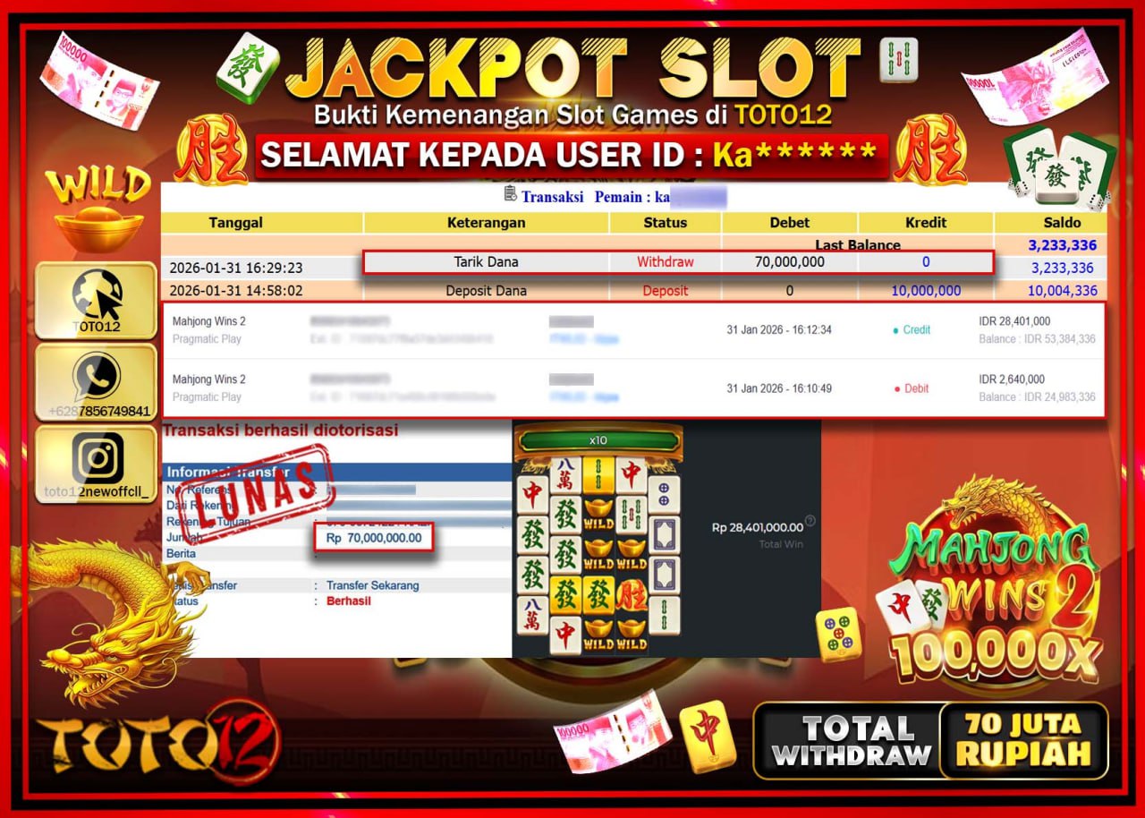 HANYA DI TOTO12 JP PASTI DI BAYAR LUNAS DAN CEPAT!!!!!! JACKPOT SLOT GAME (MAHJONG WINS 2) Rp.70.000.000 !!!!