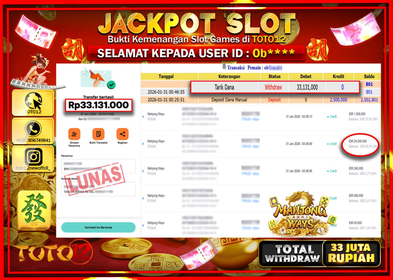 HANYA DI TOTO12 JP PASTI DI BAYAR LUNAS DAN CEPAT!!!!!! JACKPOT SLOT GAME (MAHJONG WAYS) Rp.33.131.000 !!!!