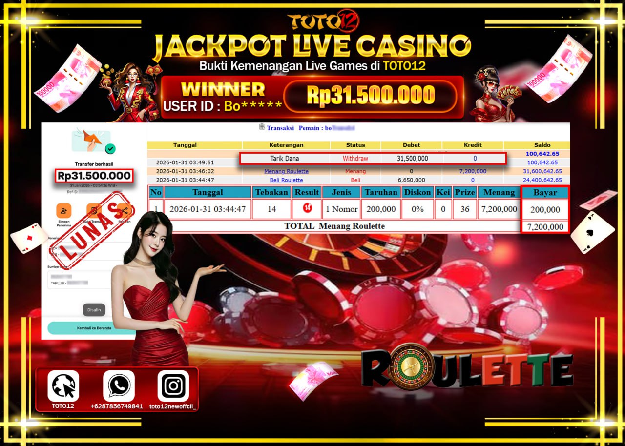 HANYA DI TOTO12 JP PASTI DI BAYAR LUNAS DAN CEPAT!!!!!! JACKPOT LIVE CASINO (ROULETTE) Rp.31.500.000 !!!!