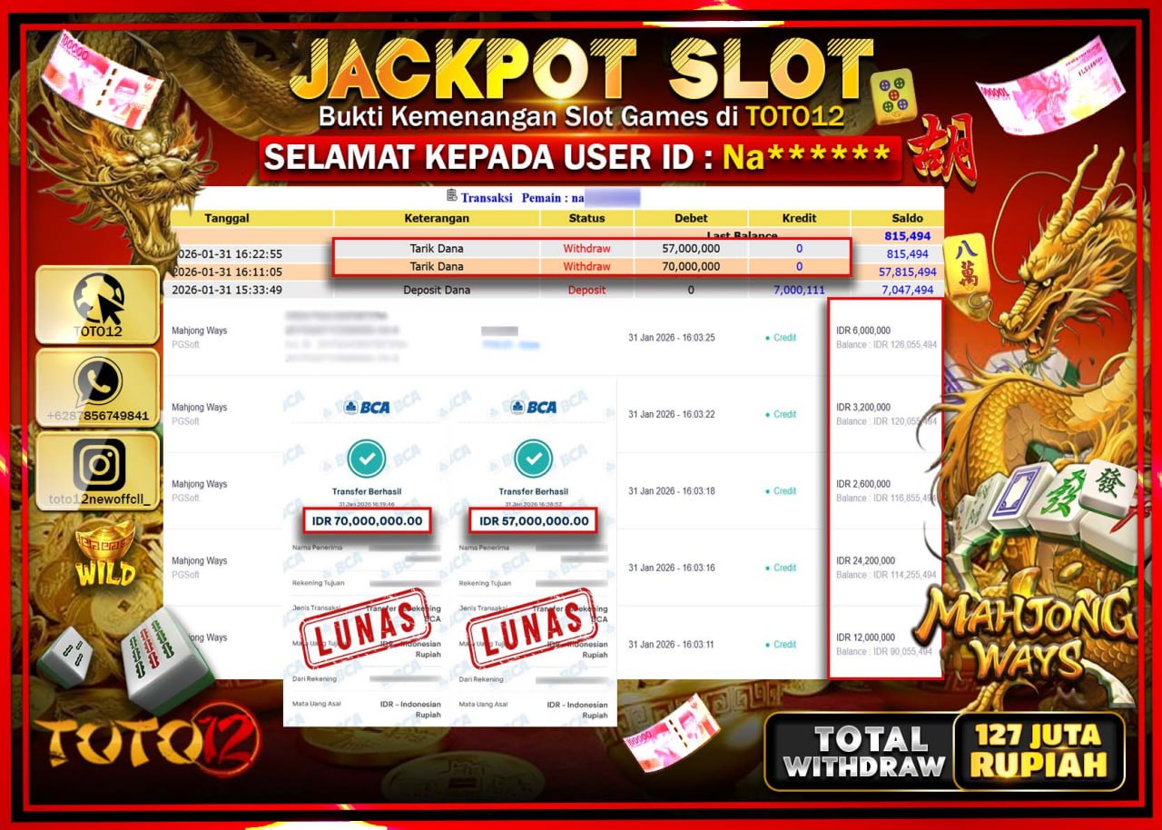 HANYA DI TOTO12 JP PASTI DI BAYAR LUNAS DAN CEPAT!!!!!! JACKPOT SLOT GAME (MAHJONG WAYS) Rp.127.000.000 !!!!