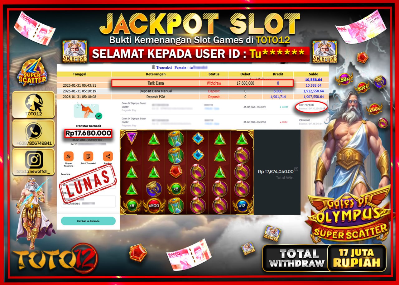 HANYA DI TOTO12 JP PASTI DI BAYAR LUNAS DAN CEPAT!!!!!! JACKPOT SLOT GAME (GATES OF OLYMPUS SUPER SCATTER) Rp.17.680.000 !!!!