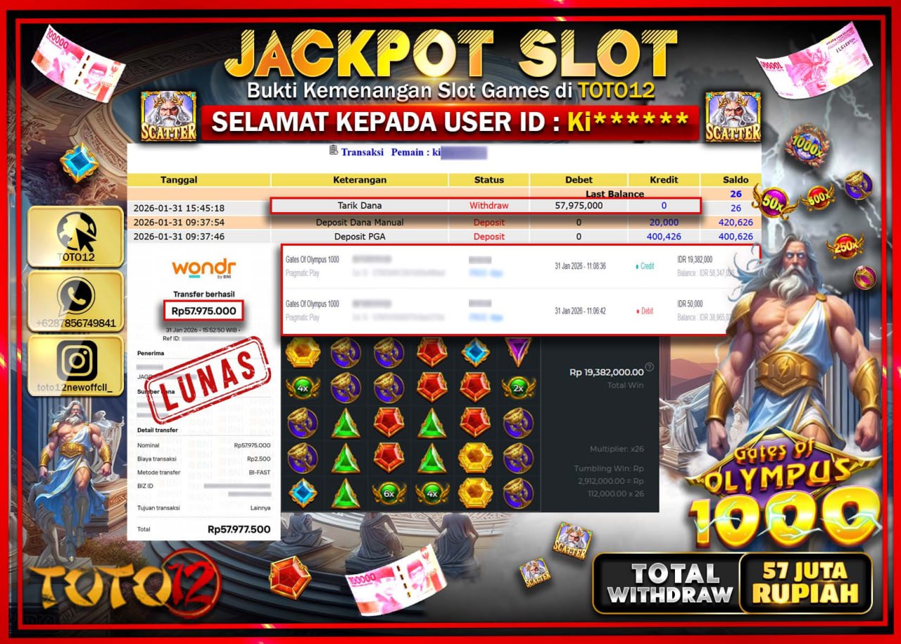HANYA DI TOTO12 JP PASTI DI BAYAR LUNAS DAN CEPAT!!!!!! JACKPOT SLOT GAME (GATES OF OLYMPUS 1000) Rp.57.975.000 !!!!