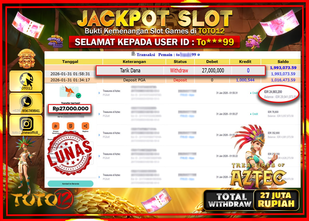 HANYA DI TOTO12 JP PASTI DI BAYAR LUNAS DAN CEPAT!!!!!! JACKPOT SLOT GAME (TREASURES OF AZTEC) Rp.27.000.000 !!!!
