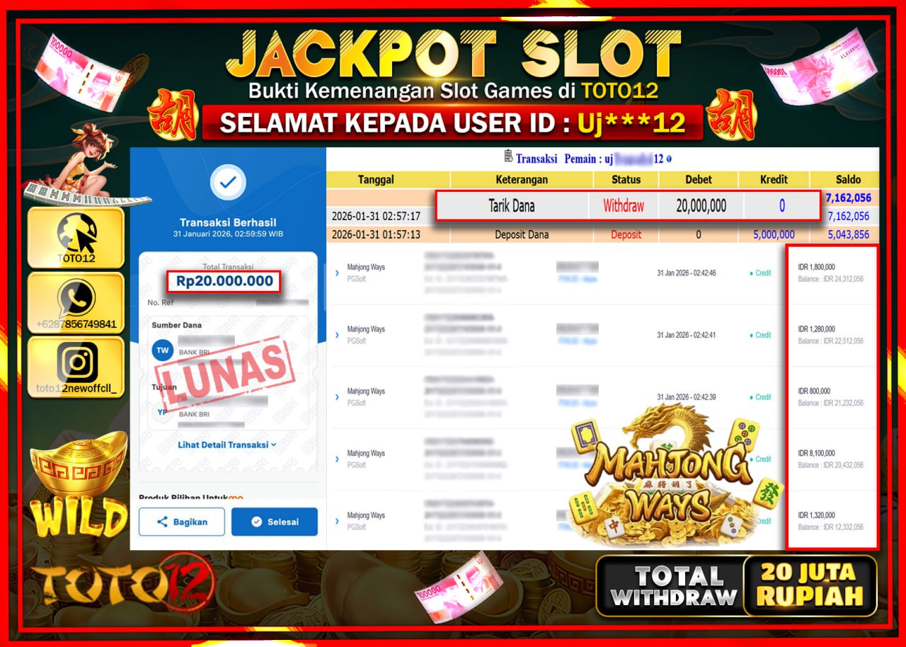 HANYA DI TOTO12 JP PASTI DI BAYAR LUNAS DAN CEPAT!!!!!! JACKPOT SLOT GAME (MAHJONG WAYS) Rp.20.000.000 !!!!