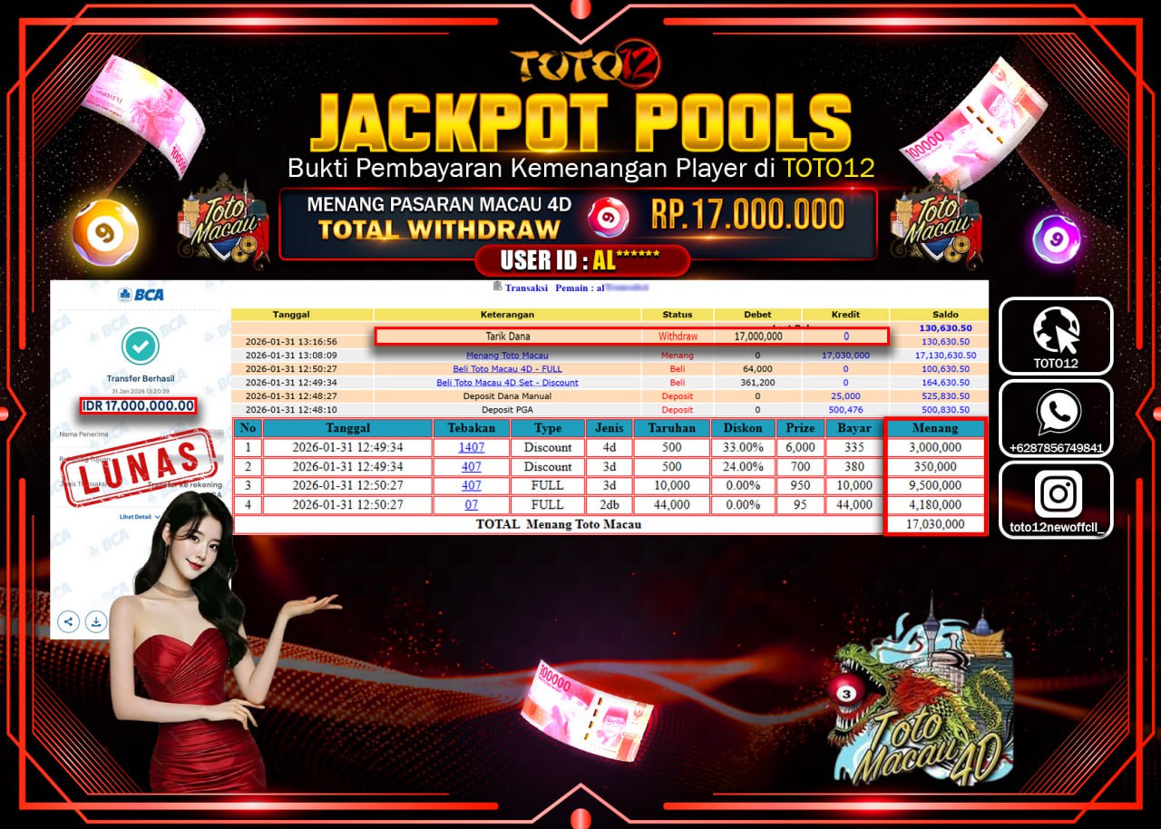 HANYA DI TOTO12 JP PASTI DI BAYAR LUNAS DAN CEPAT!!!!!! JACKPOT POOLS PASARAN (MACAU 4D) Rp.17.000.000 !!!!