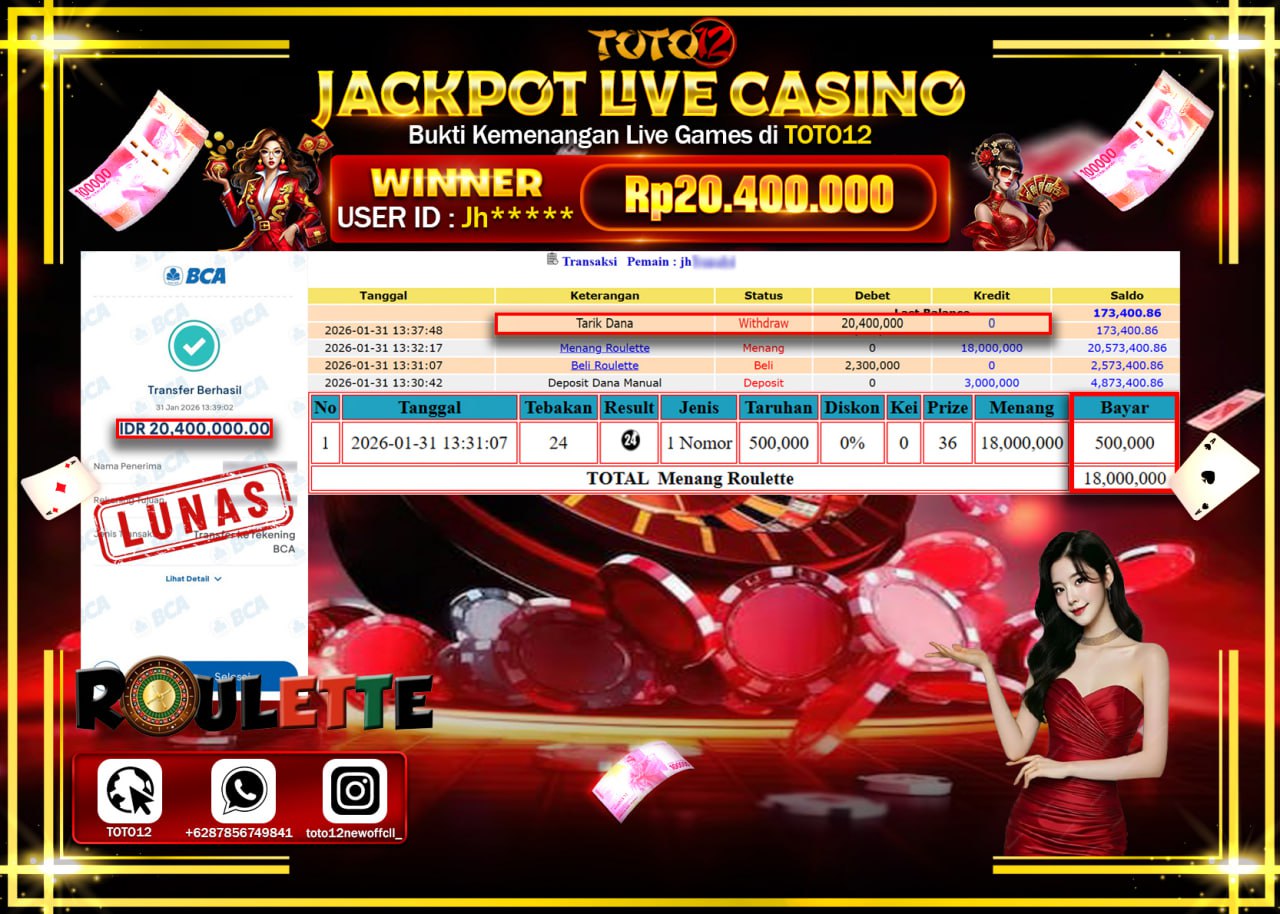 HANYA DI TOTO12 JP PASTI DI BAYAR LUNAS DAN CEPAT!!!!!! JACKPOT LIVE CASINO (ROULETTE) Rp.20.400.000 !!!!