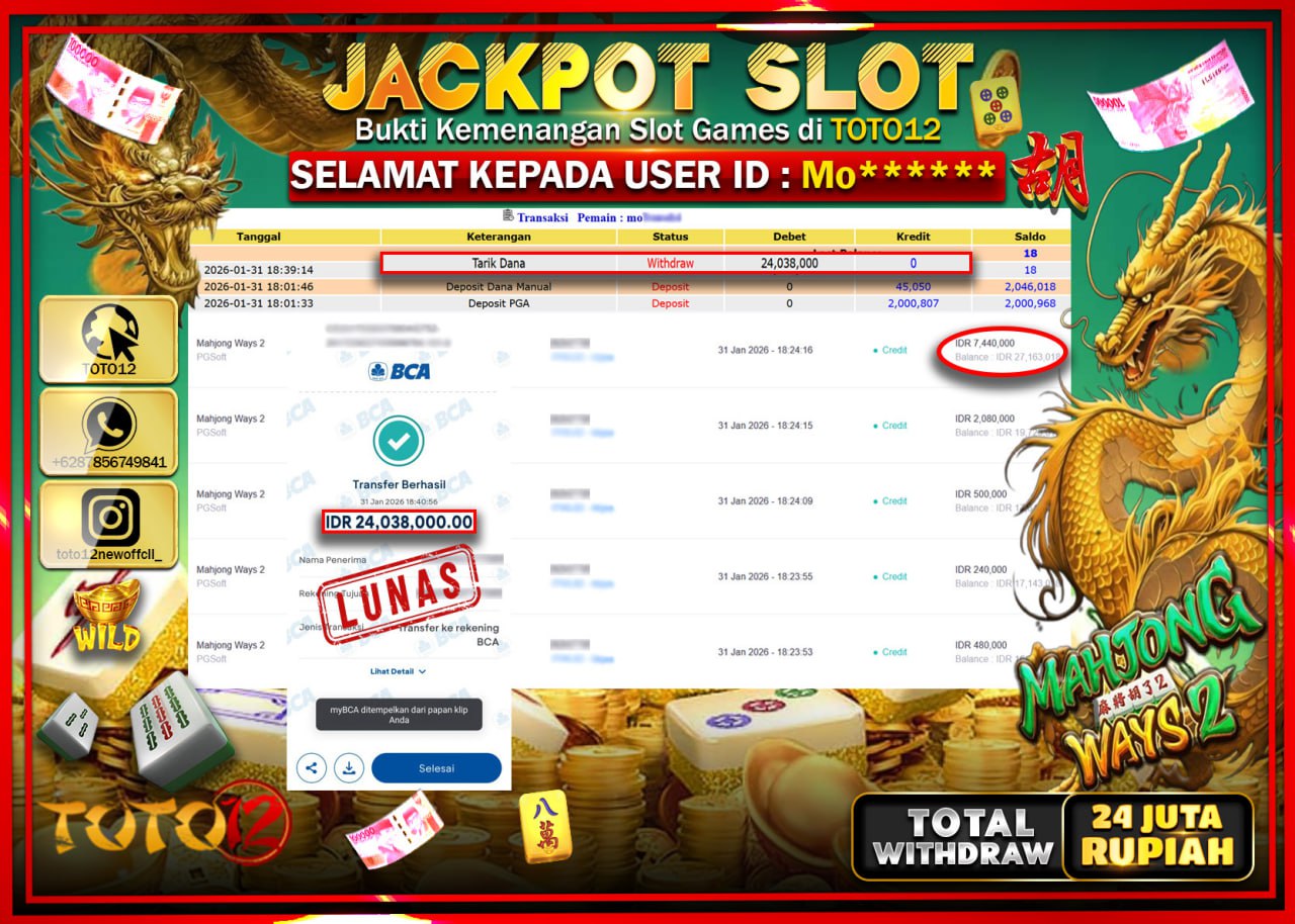 HANYA DI TOTO12 JP PASTI DI BAYAR LUNAS DAN CEPAT!!!!!! JACKPOT SLOT GAME (MAHJONG WAYS 2) Rp.24.038.000 !!!!